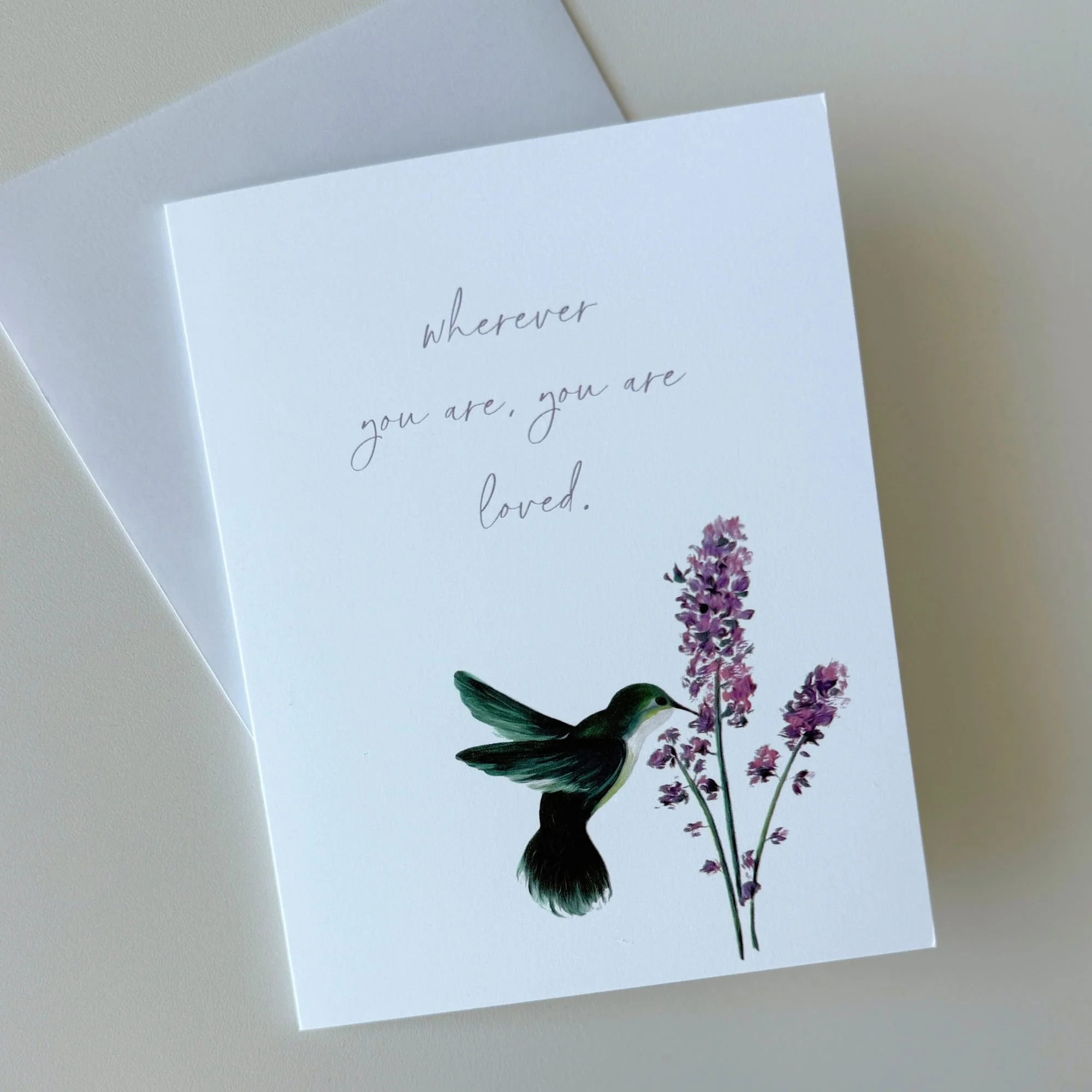 "Wherever You Are, You Are Loved" | Hummingbird & Lavender Blank Folded Cards