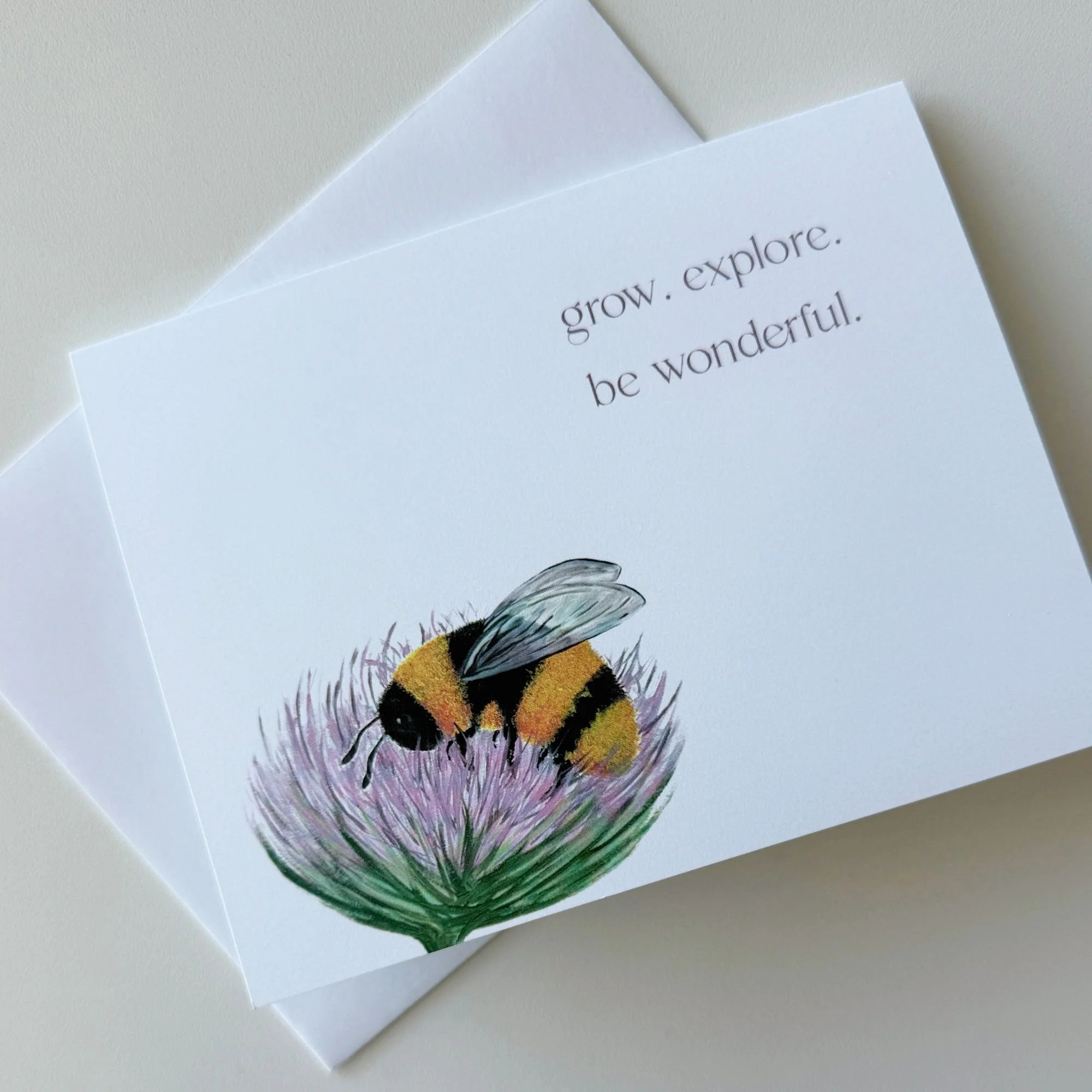 "Grow. Explore. Be Wonderful." | Bumblebee & Flower Blank Folded Cards