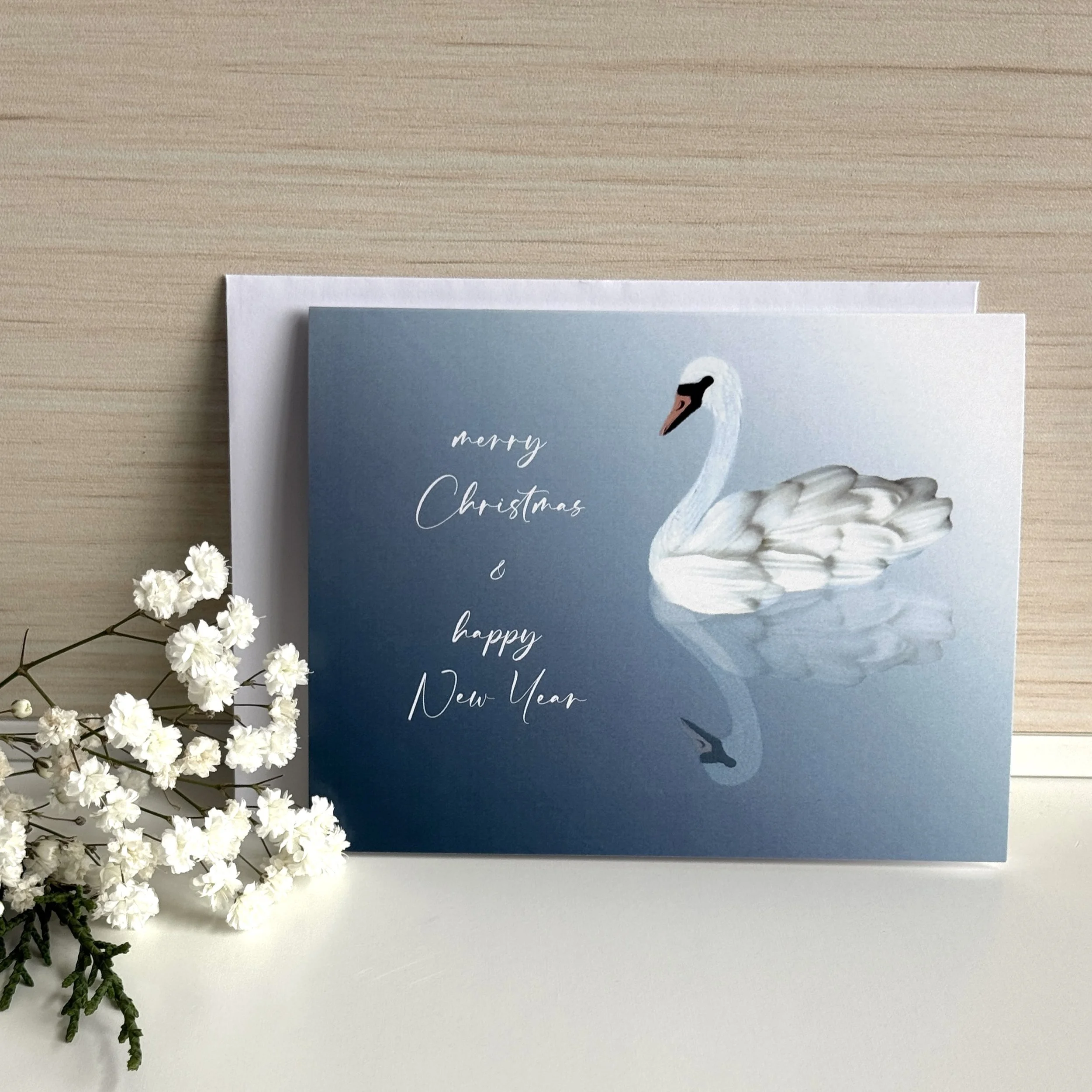Christmas Swan Petal Art | 'Merry Christmas and Happy New Year' | A2 Blank Folded Cards