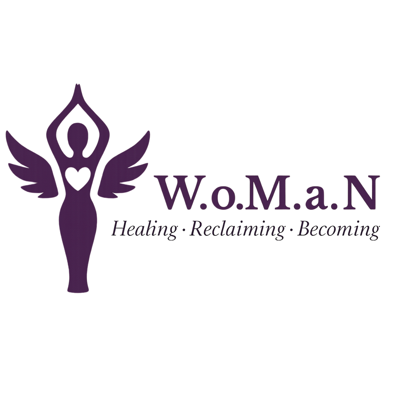 Purple logo with a stylized female figure with wings and a heart shape on the chest, with the text 'W.O.M.a.N' and the tagline 'Healing, Radiating, Becoming'. W.o.M.a.N Logo
