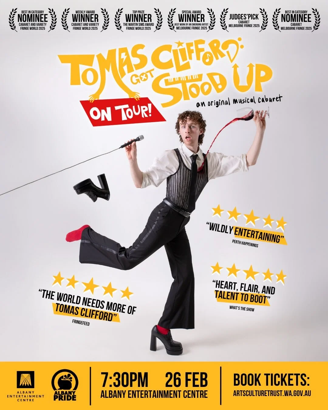 ALBANY!!! TOMAS CLIFFORD GOT STOOD UP is coming to the Albany Entertainment Centre during ALBANY PRIDE FESTIVAL 2026!!!
🧑&zwj;🦱🍷📆💔✈️🧳

Coming off the highly anticipated FRINGE WORLD 2026 return season, the award-winning cabaret is making it&rsq