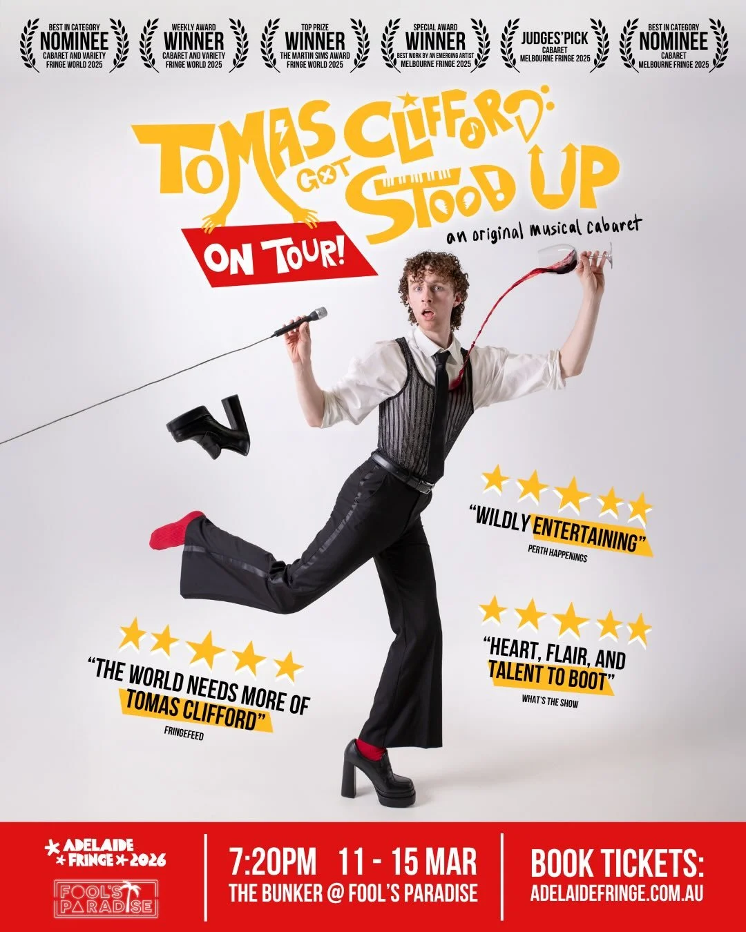 ADELAIDE!!! The touring sensation TOMAS CLIFFORD GOT STOOD UP is coming to FOOL&rsquo;S PARADISE during ADELAIDE FRINGE 2026!!!
🧑&zwj;🦱🍷📆💔✈️🧳

After award-winning seasons in Melbourne and Perth, join Tomas and his live band as he dives into wha
