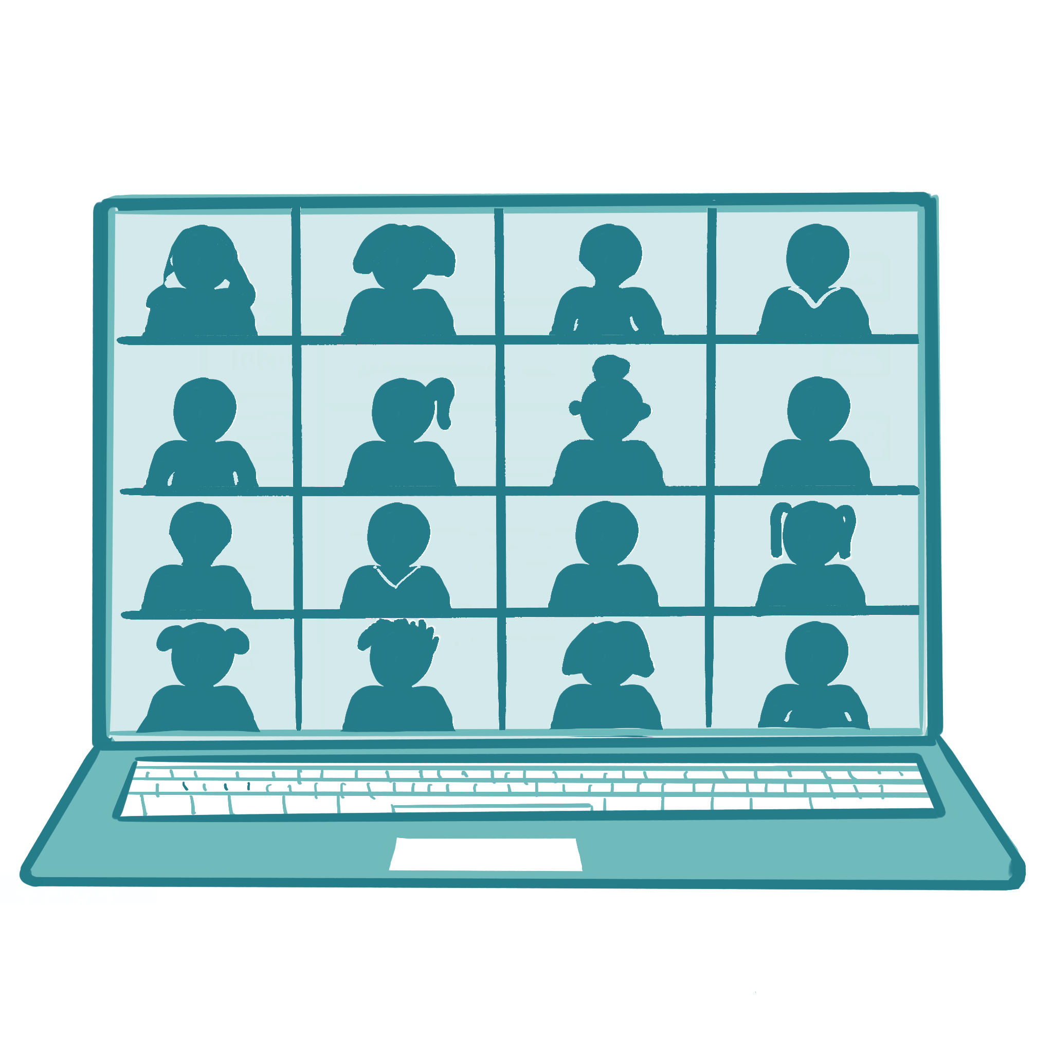 Illustration of a laptop computer with a grid of silhouettes representing people on the screen.