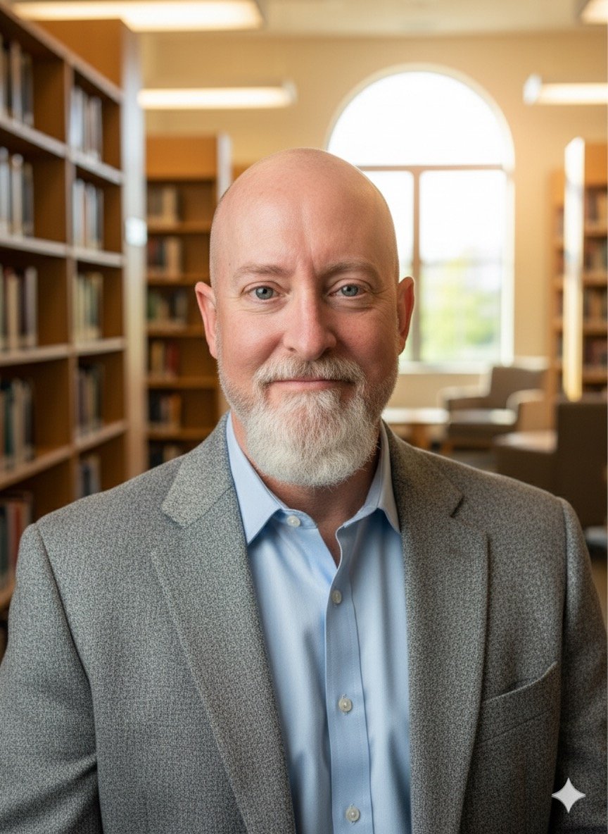 A smiling man with a beard and bald head, wearing a professional outfit, standing against a simple background.