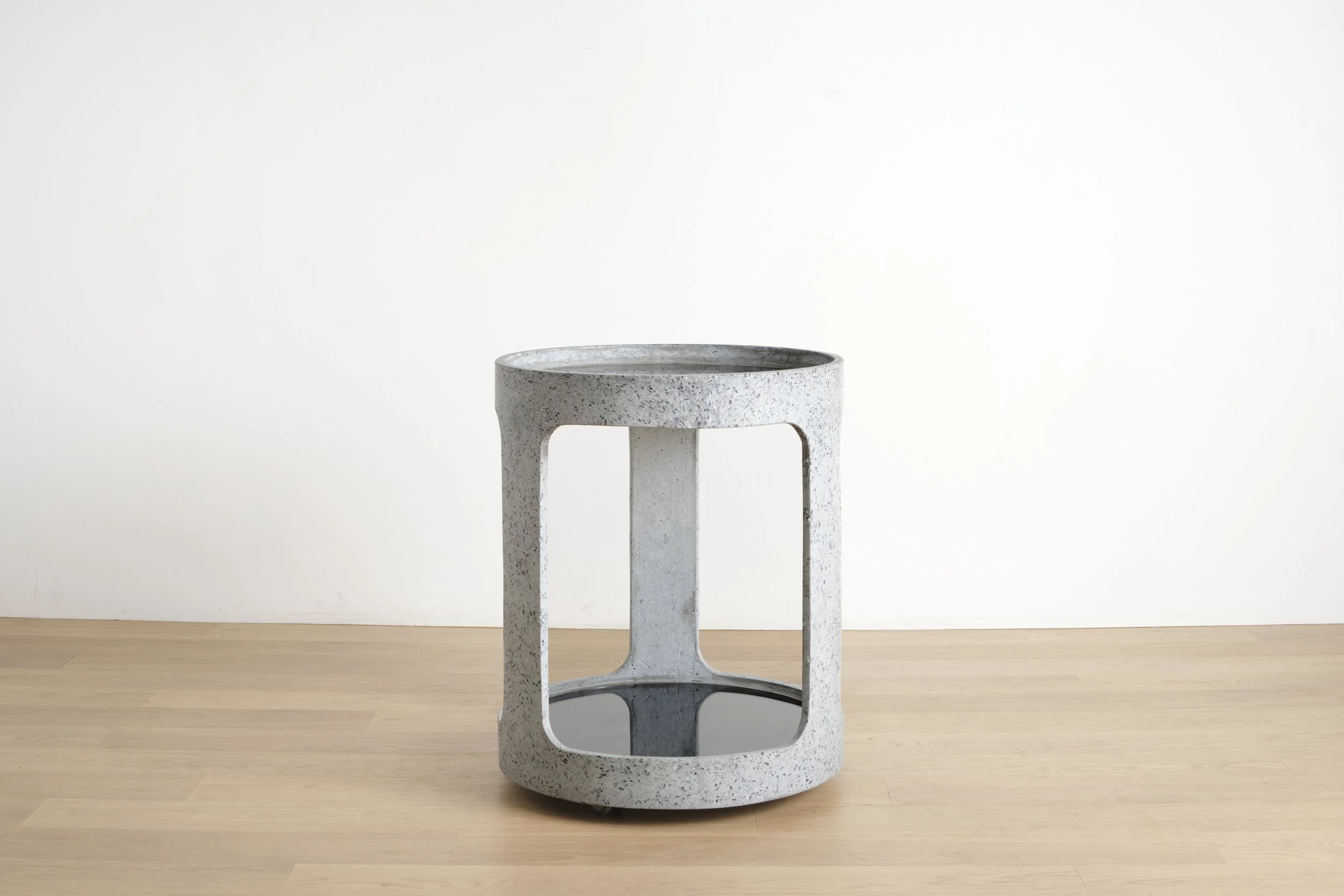 Concrete bar cart with recessed casters, handcrafted in New York