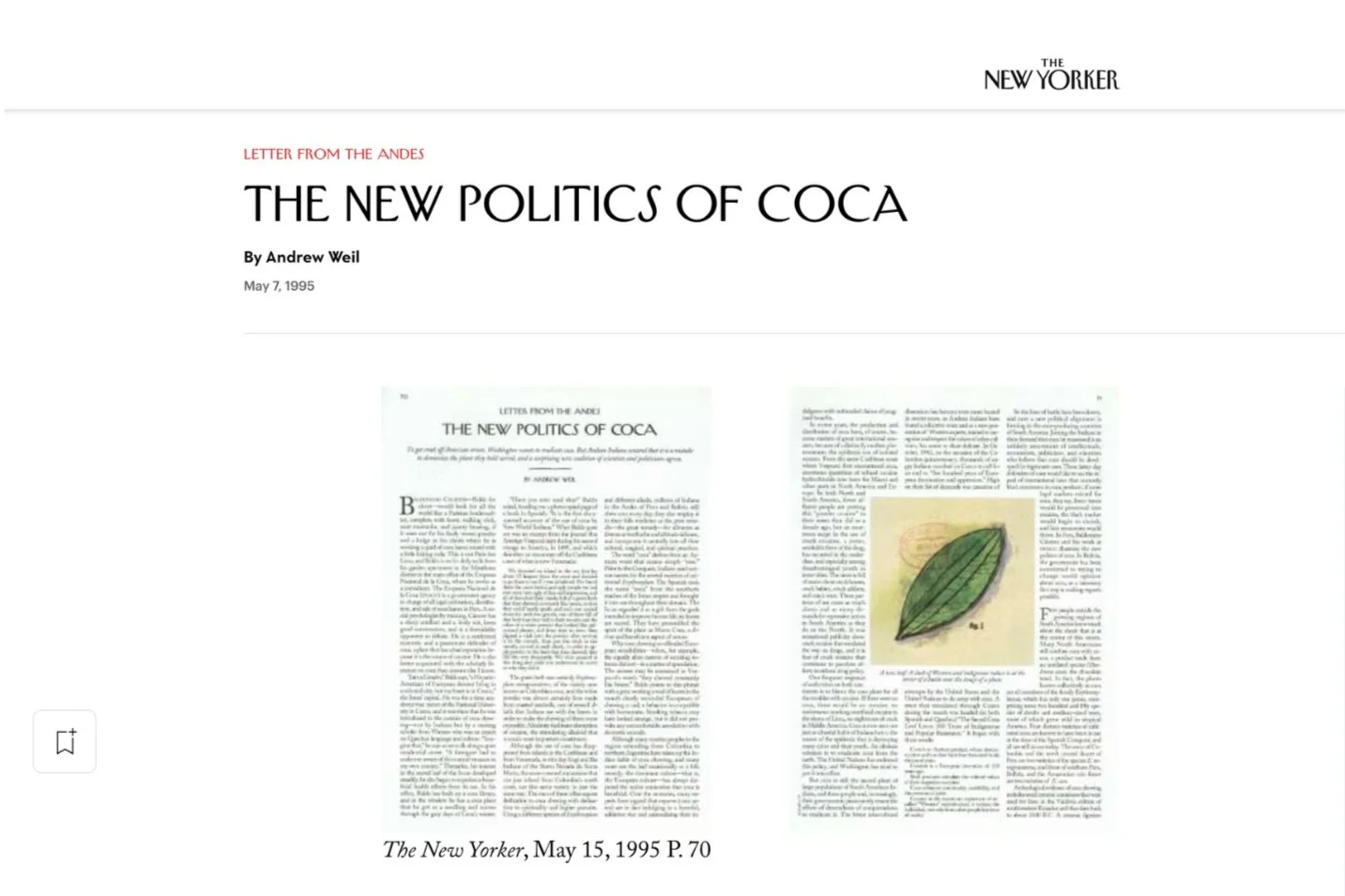 The New Yorker: The New Politics of Coca by Dr. Andrew Weil, May 7, 1995
