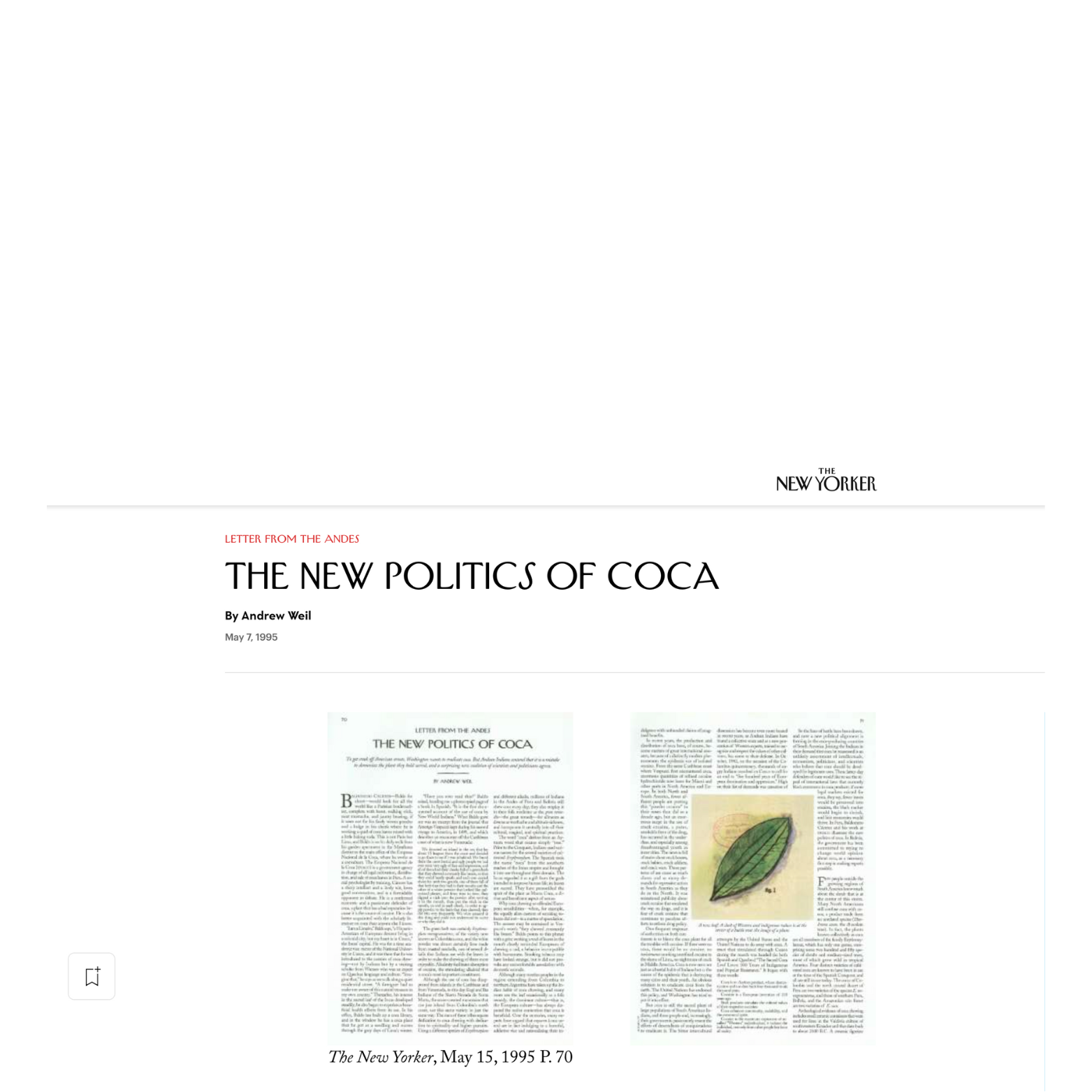 Weil, Andrew. “The New Politics of Coca.” The New Yorker, May 7, 1995