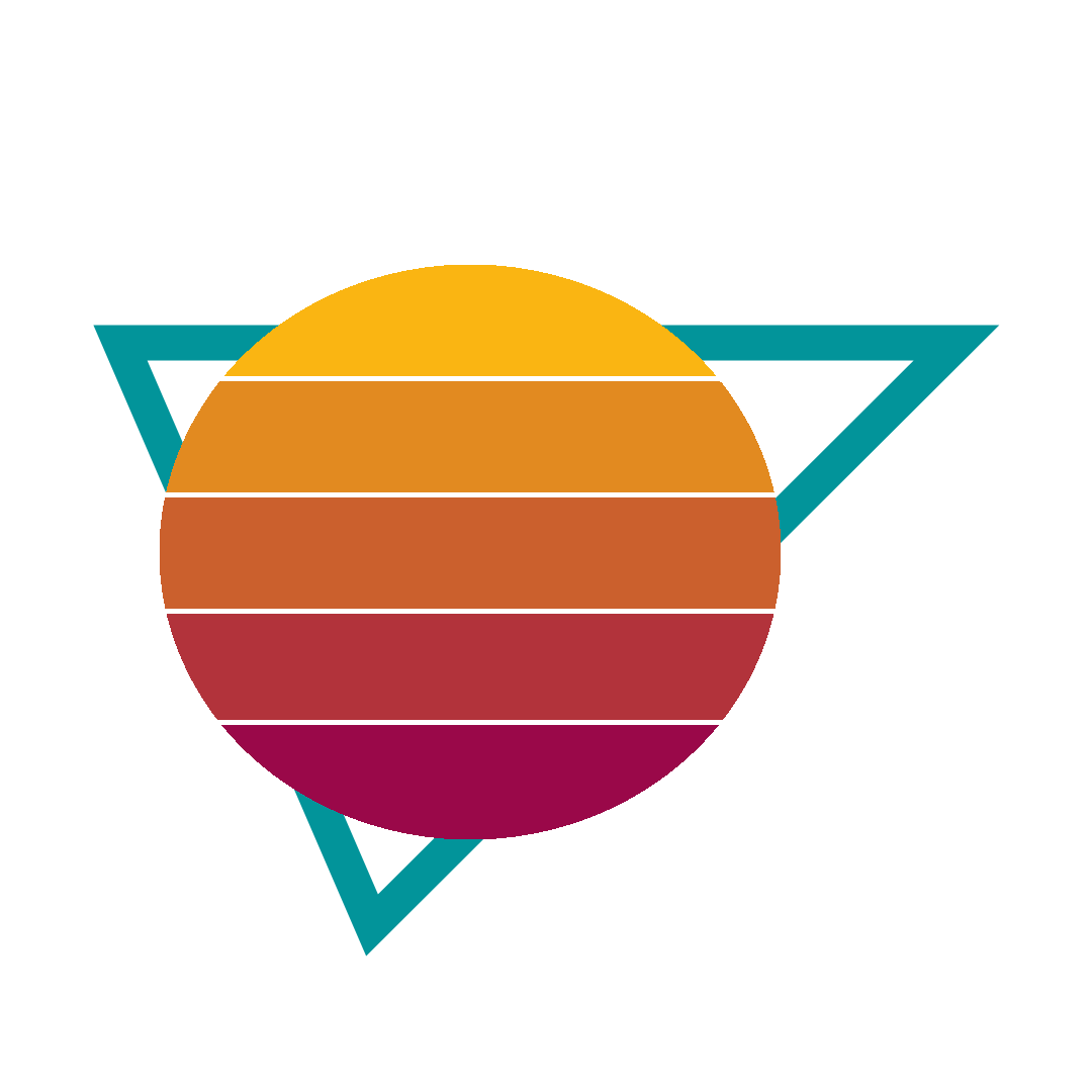 Retro-styled circular graphic with horizontal color bands in yellow, orange, red, and purple, intersected by a teal triangle outline on a black background.