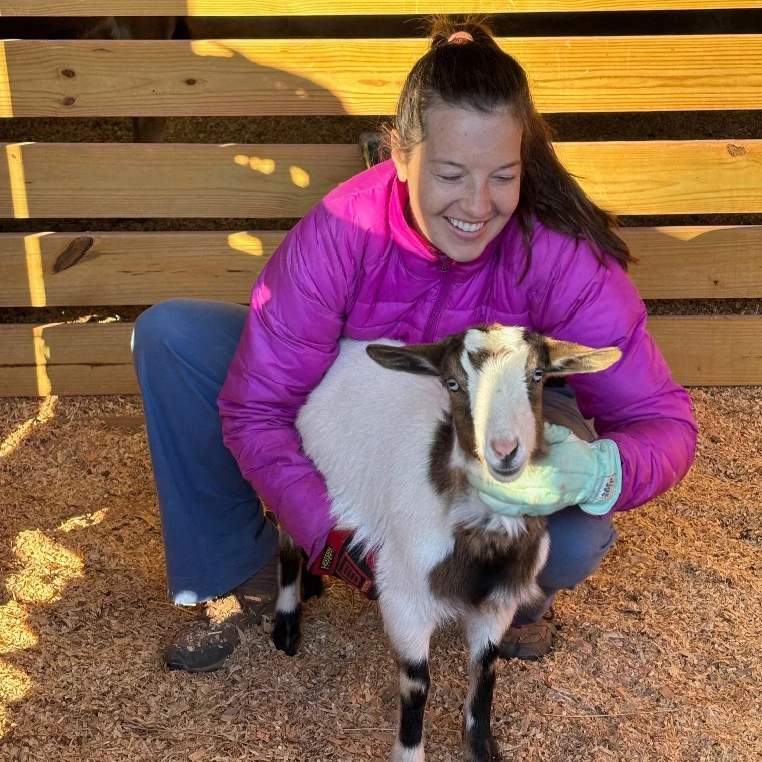woman in a bright pink jacket smiling as she looks at a miniature white and brown goat she is holding