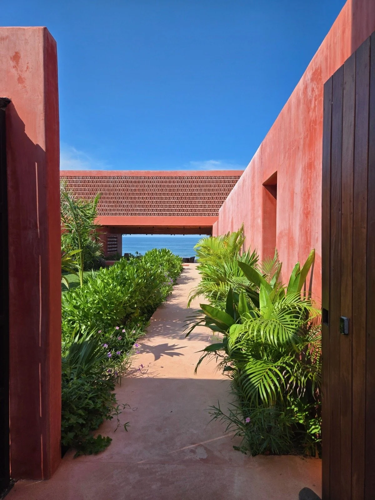 A pathway between lush green tropical plants, leading to an outdoor view of the ocean through a pink and wooden building with a pink textured wall and a patterned pink lattice roof, under a clear blue sky.