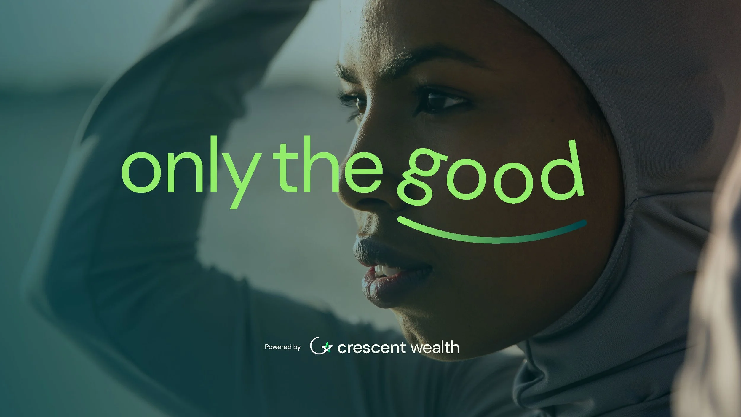 Person in athletic wear with text overlay "only the good," powered by Crescent Wealth logo.