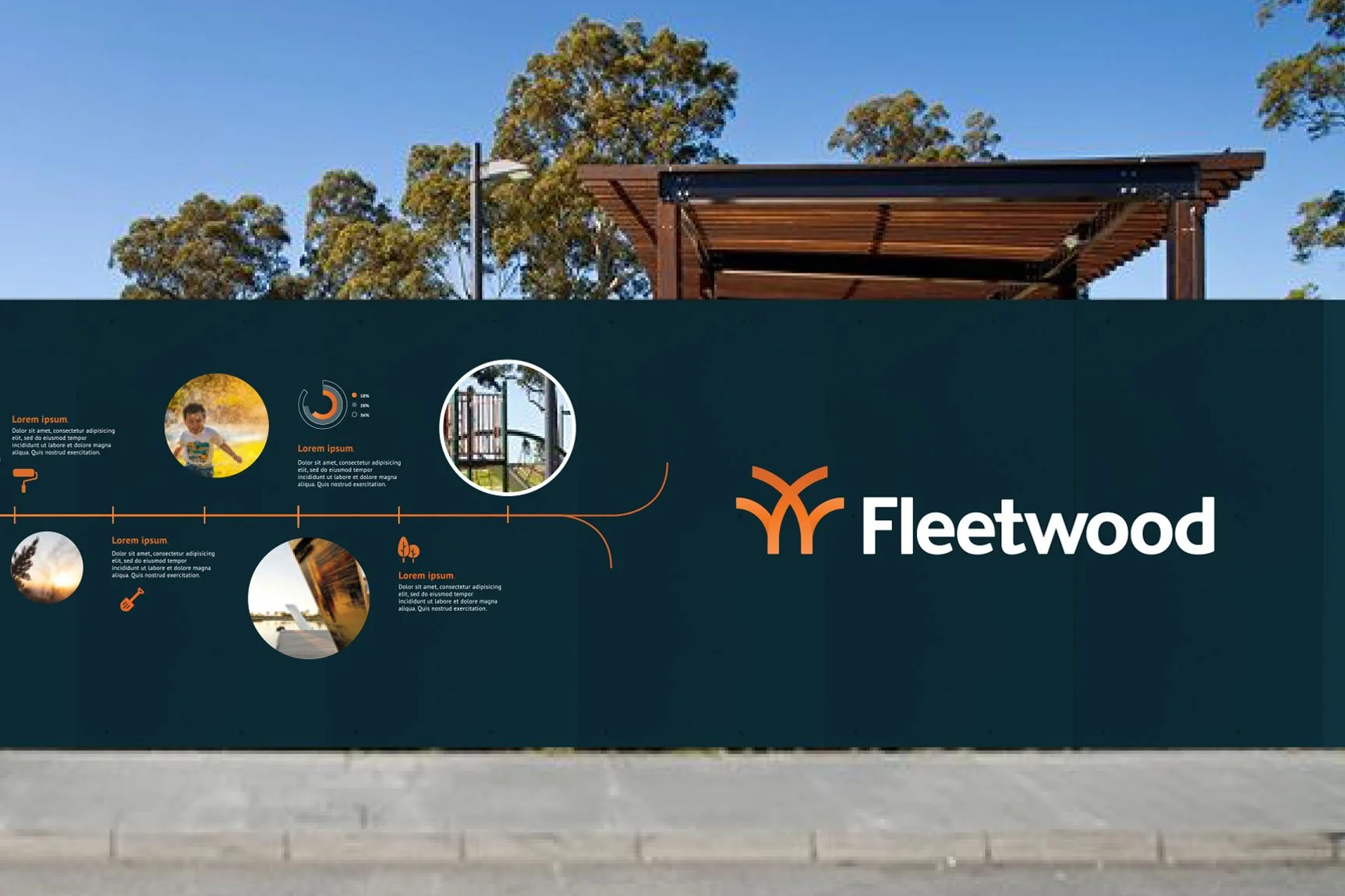 Construction site fence with Fleetwood logo and infographic about project progress. Trees and a structure are visible in the background.