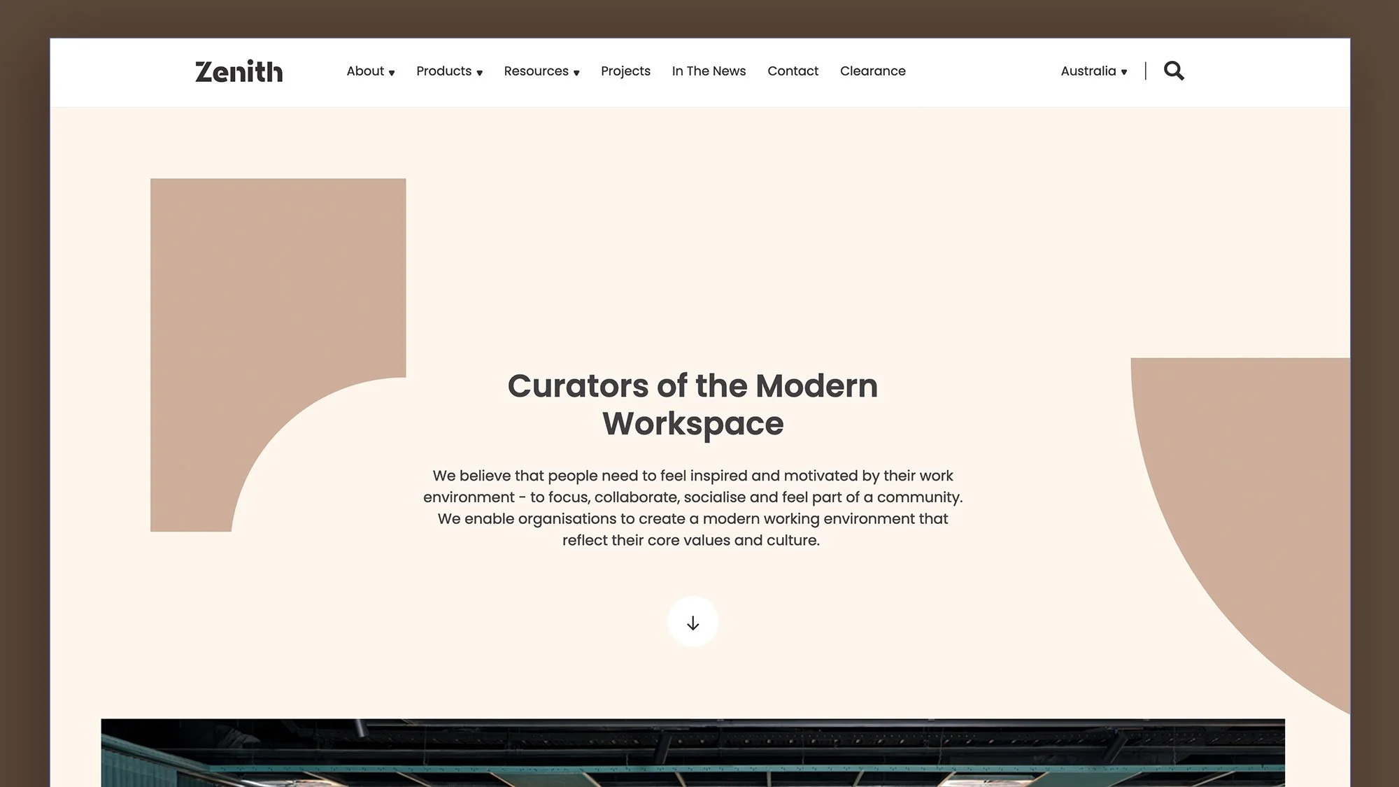 Zenith website homepage featuring text about curating modern workspaces with a navigation menu at the top.