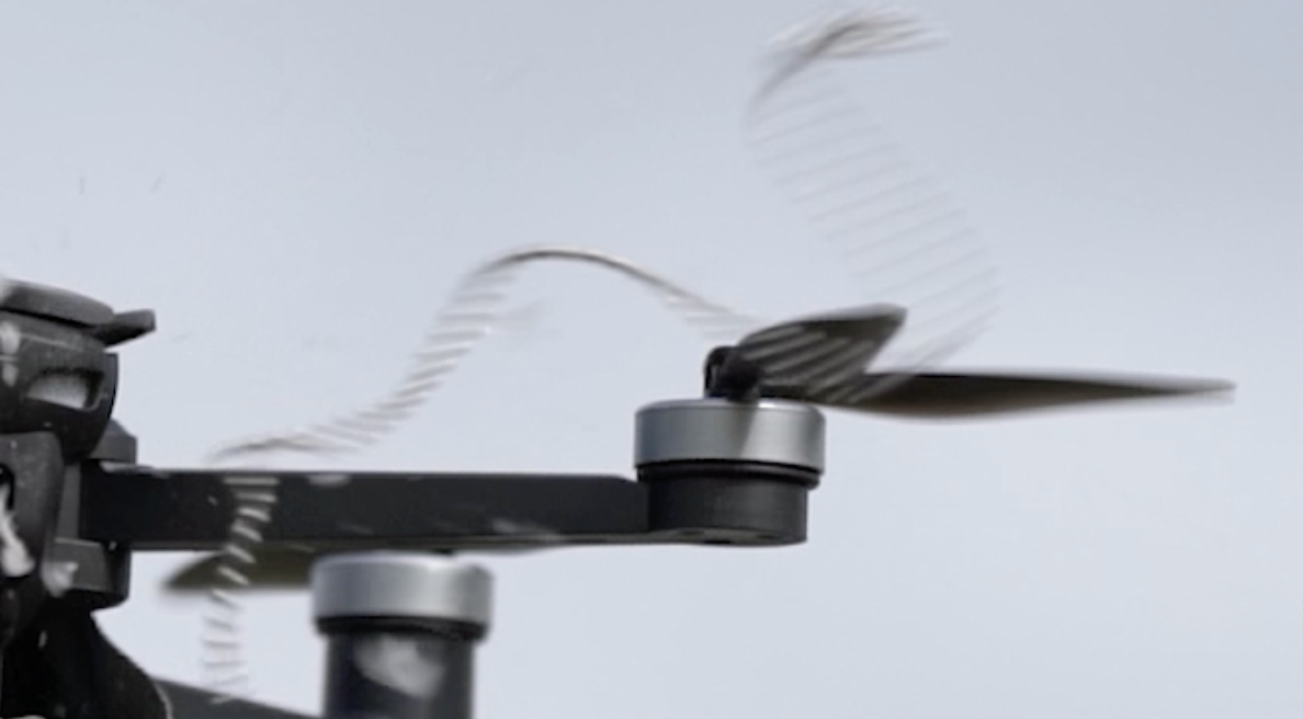 Close-up of a drone propeller being damaged by Roborounds Tanglers.