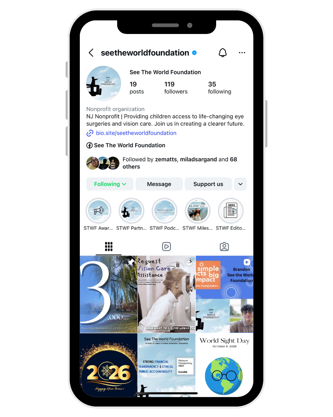 Instagram profile page of See The World Foundation, a nonprofit organization providing children's eye surgeries and vision care, featuring profile picture, bio, stories, and posts about eye care initiatives and events.