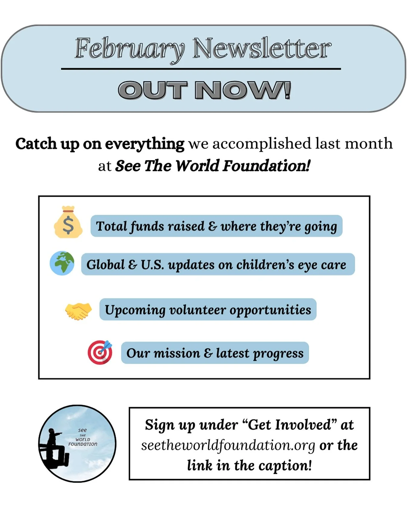 📩 Our February Newsletter is here! 

See how much we raised, where it&rsquo;s going, and how you can get involved in making eye care more accessible for children! Plus, stay updated on global and U.S. news about affordability and surgeries for kids 
