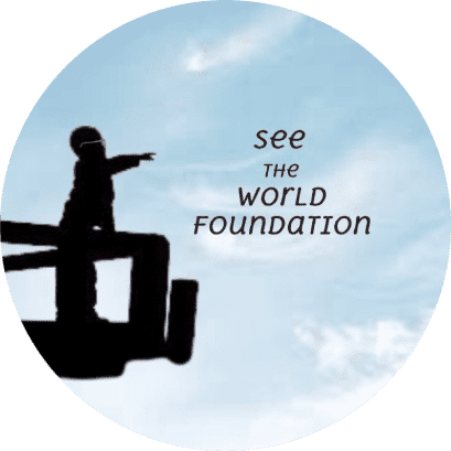 Silhouette of a child pointing from a wooden structure in the sky with clouds, with text saying 'see The WORLD FOUNDATION'.
