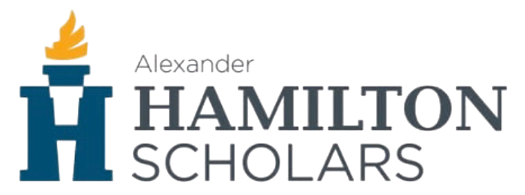Logo for Alexander Hamilton Scholars featuring a flame above a stylized letter H
