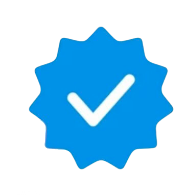 Blue badge with a white check mark in the center