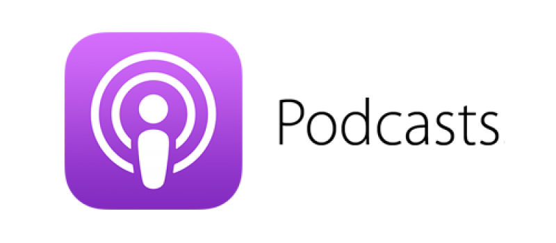 Purple podcast app icon with a white microphone symbol on the left and black text read ''Podcast'' on the right.