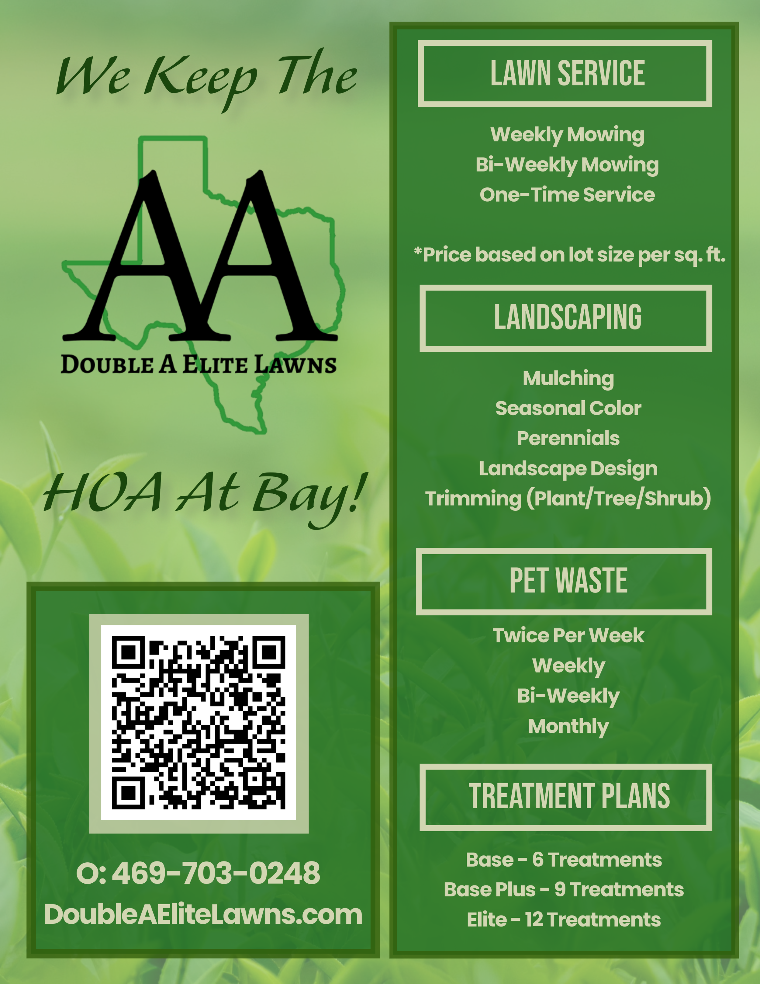 Green advertisement for Double A Elite Lawns offering lawn care, landscaping, pet waste, and treatment plans with a QR code and contact info.