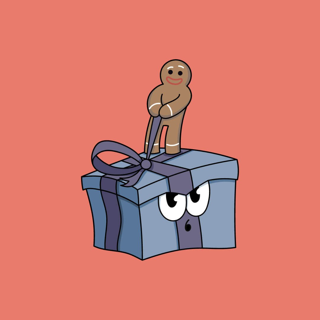 An illustrated cartoon present with a gingerbread man from Dave La Marshall's Christmas Freebies