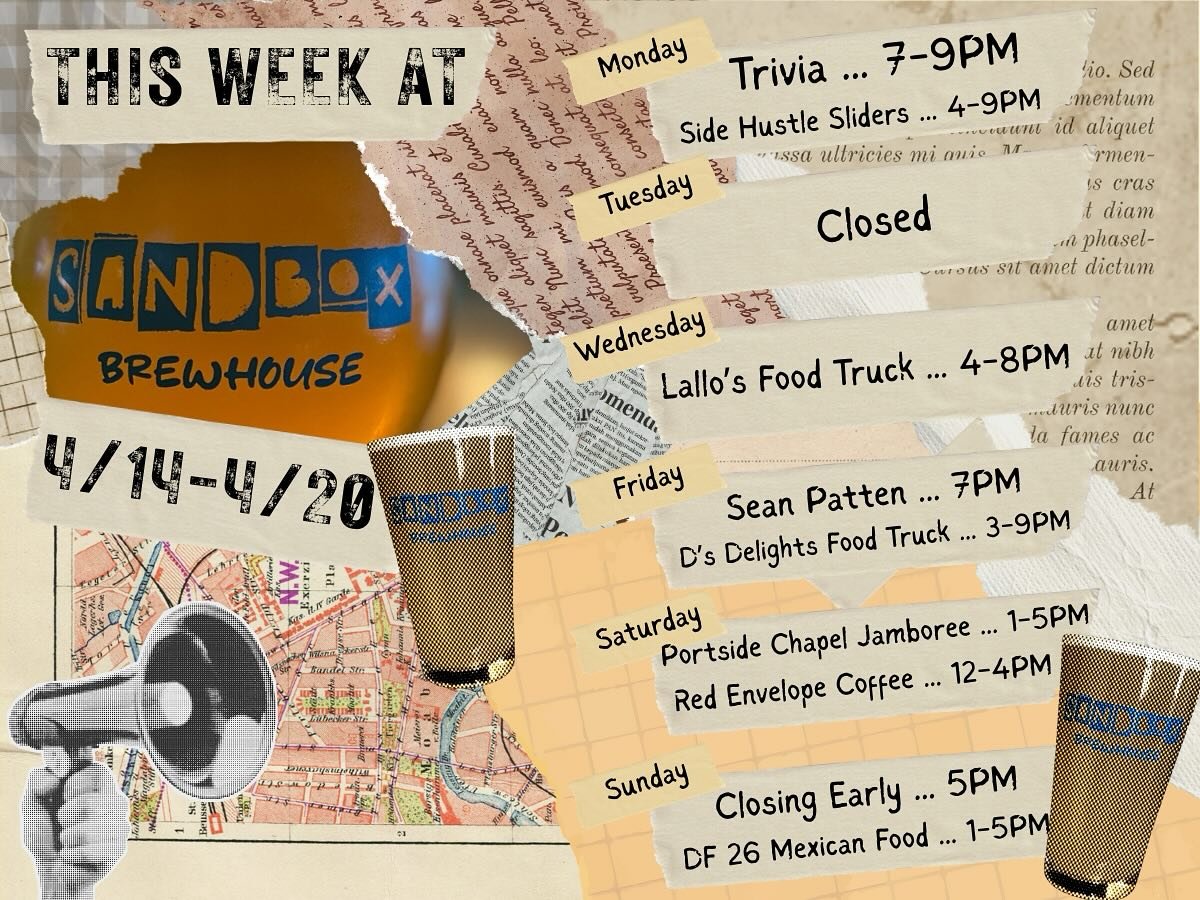 Happening this week at Sandbox!
Monday 4/14
@pourhousetrivia 7pm (signups start at 6:30)
@sidehustlesliders out back 4-9pm
Tuesday 4/15
CLOSED
Wednesday 4/16
@lallos_frederick out back 4-8pm
Friday 4/18
@something.sean 7pm πΆ
@ds_delights_food_t