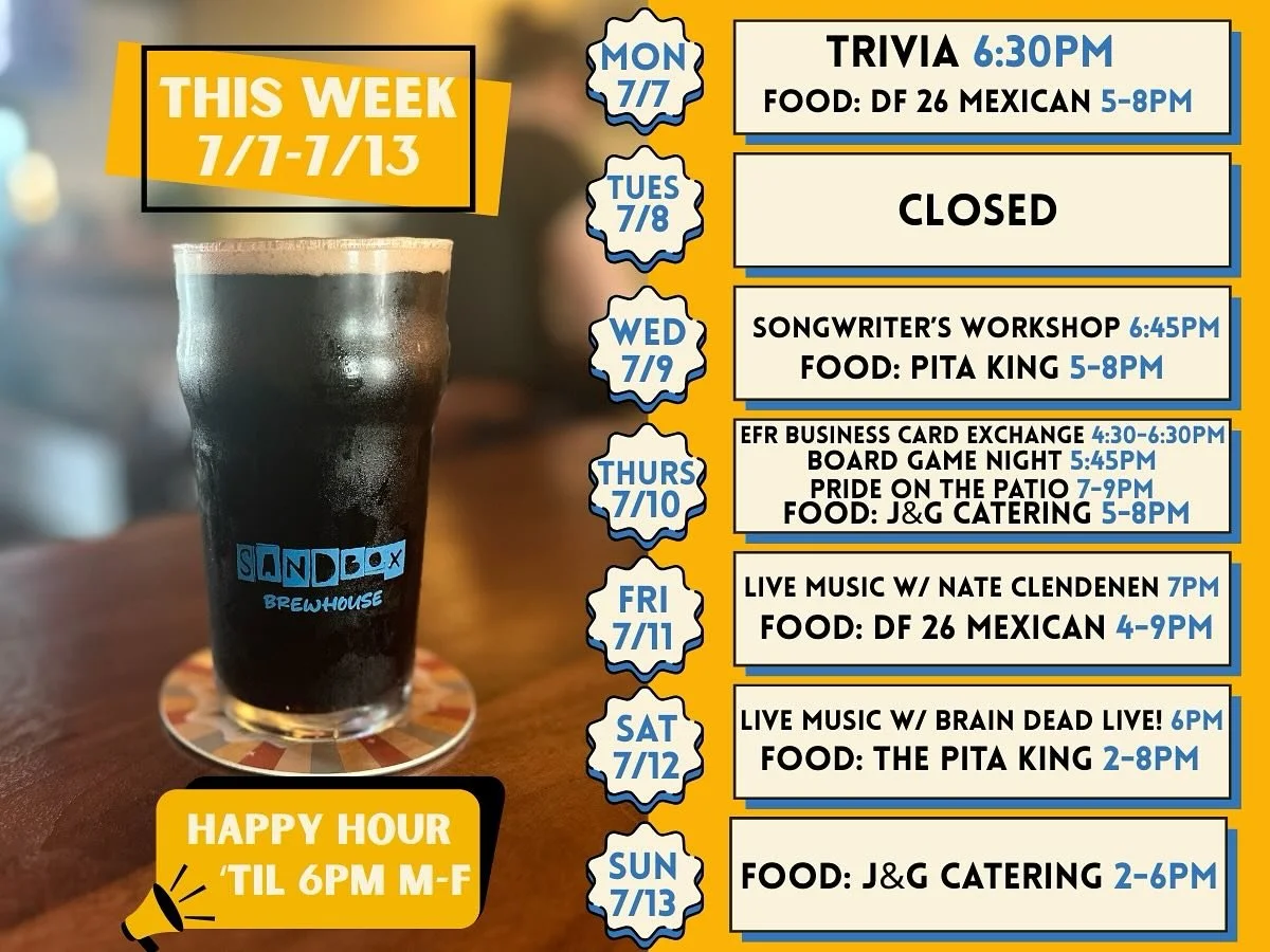 This week at Sandbox!
Monday 7/7
@pourhousetrivia signups at 6:30PM
@df26mexicanfood out back 5-8PM
Tuesday 7/8
CLOSED
Wednesday 7/9
Songwriter’s Workshop with @brain.dead.live signups at 6:45PM
@the_pitaking out back 5-8PM
Thursday 7/10
@e