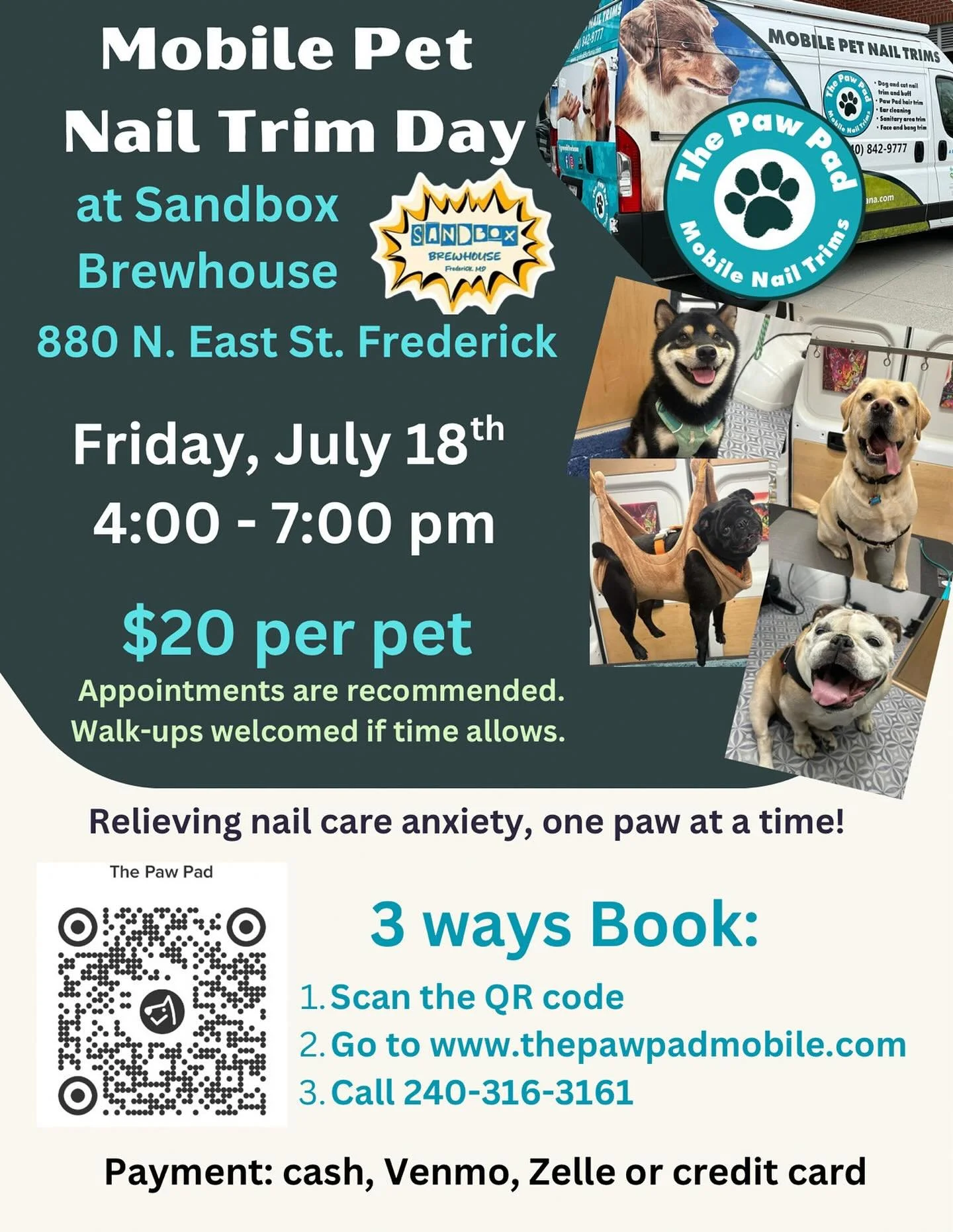Is your pup due for a Pawdicure?*
The Paw Pad, @thepawpadmobile, will be at Sandbox for yet another trim! Save the date for July 18th, 4-7pm ;)
Book now at thepawpadmobile.com or call 240-316-3161.
$20 per pet - appointments are recommended, walk