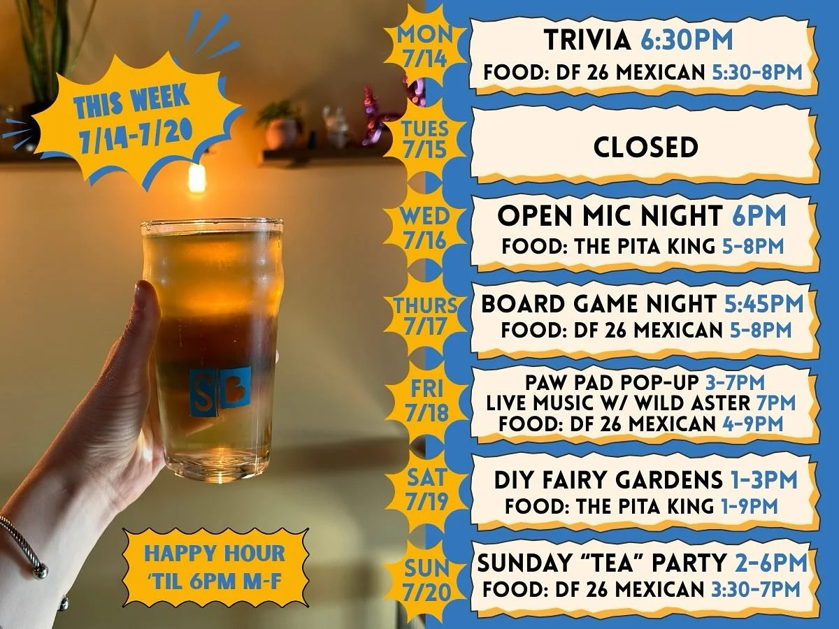 This week at Sandbox!
Monday 7/14
@pourhousetrivia signups at 6:30 PM
@df26mexicanfood out back 5-8 PM
Tuesday 7/15
CLOSED
Wednesday 7/16
Open Mic Night with F.A.M.E. 6 PM
@the_pitaking out back 5-8 PM
Thursday 7/17
Board Game Night signups at 5: