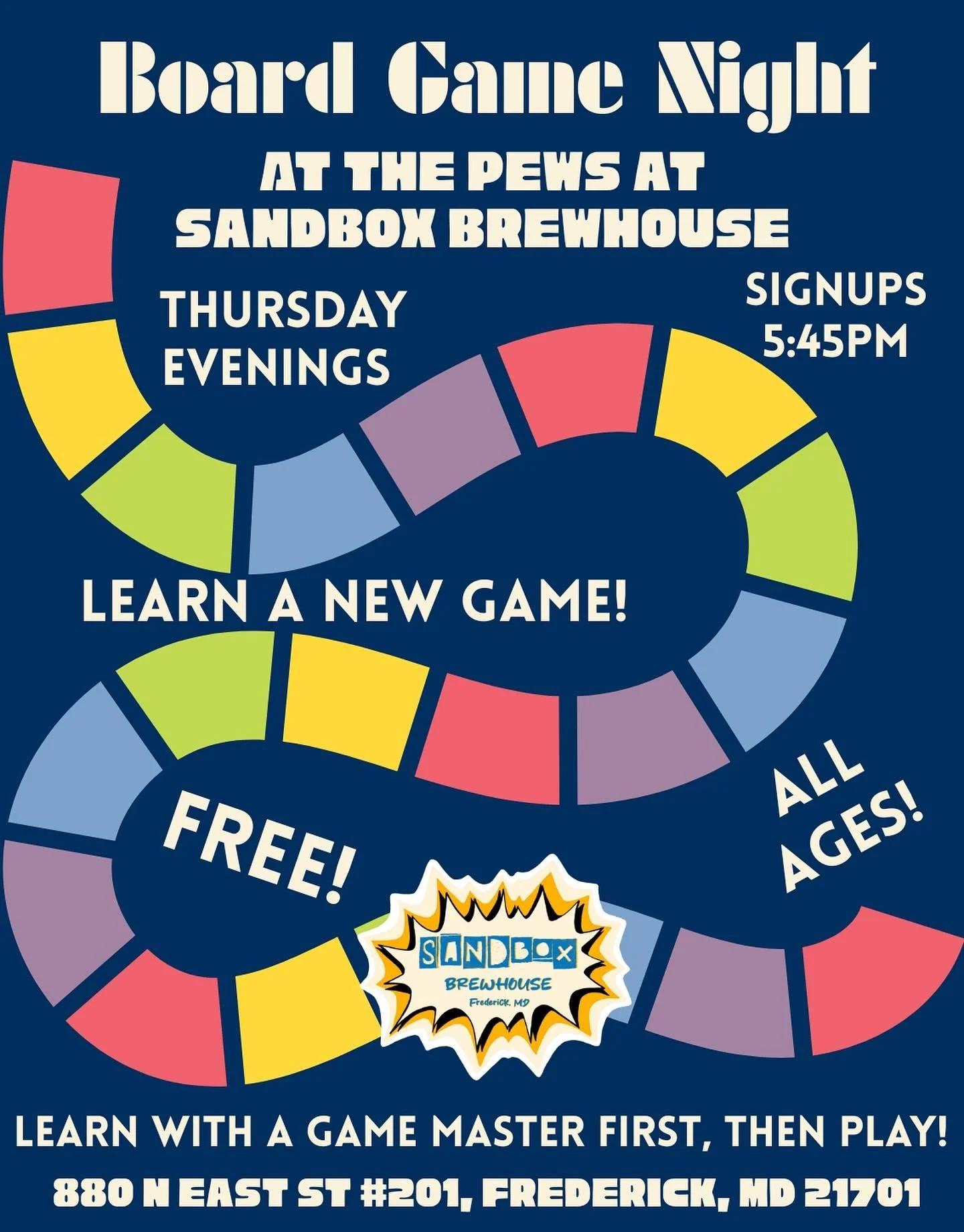 Join us at the Sandbox for Board Game Night!
Every Thursday evening at 6 PM, signups at 5:45 PM.
Learn a new game from local Game Master Michael Suthers, and stay to play!
Games will be provided. Free and all ages!
Signups and gameplay held at the
