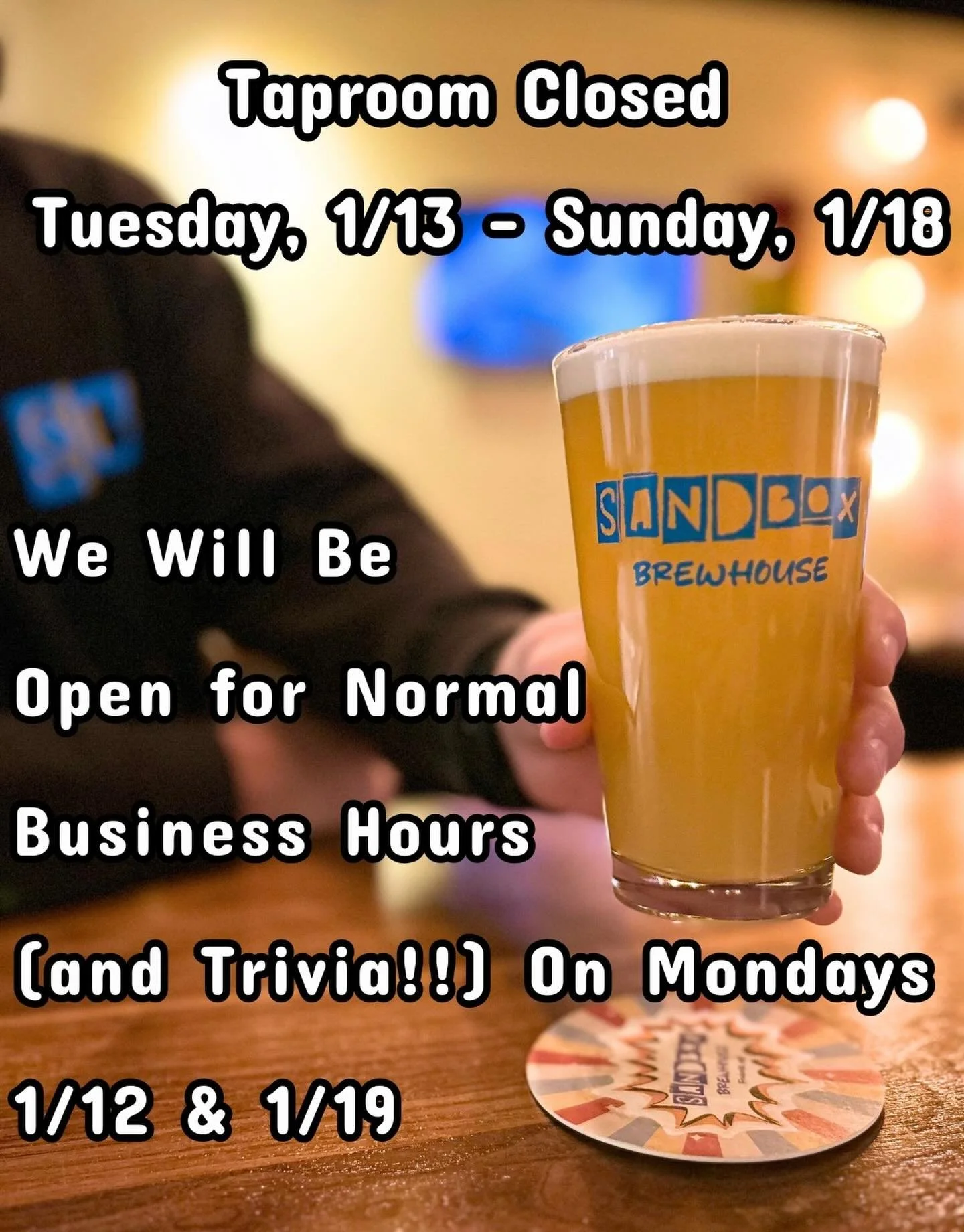 TAPROOM CLOSED 1/13-1/18

We&rsquo;re taking a short break for one week! We will reopen refreshed and ready to welcome you back!! 

Monday trivia, 1/12 will continue as scheduled, signups start at 6:30 PM. @bon_appetit_bowls serving out back 5-8 PM :