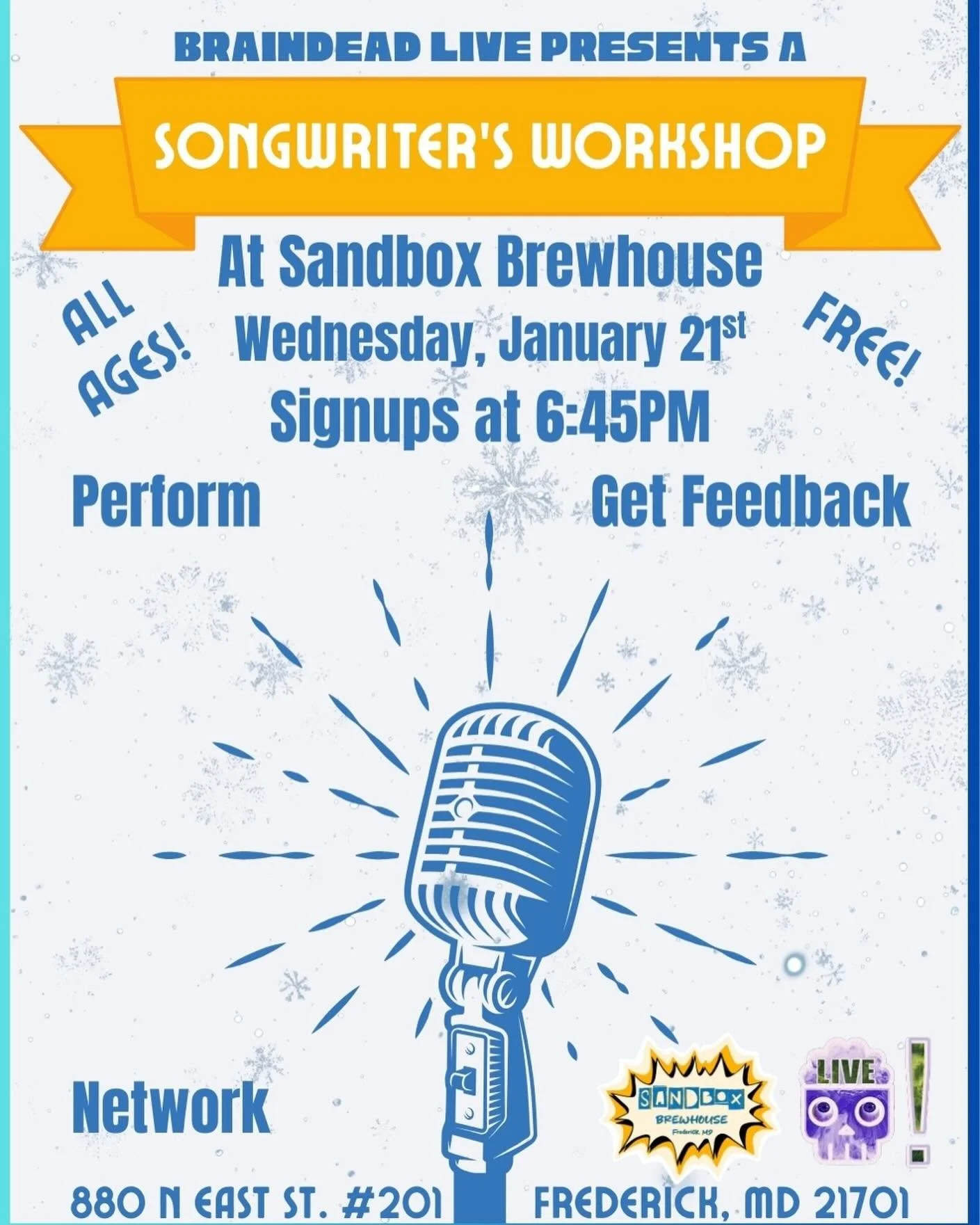 Join us for another one of our free songwriter workshops presented by@brain.dead.live
with the opportunity to preform your song(s)!

Workshop signups at 6:45 PM

BYO instruments) and creativity!

🎵January 21st 
🎵signups at 6:45 PM
🎵880 N East St, 