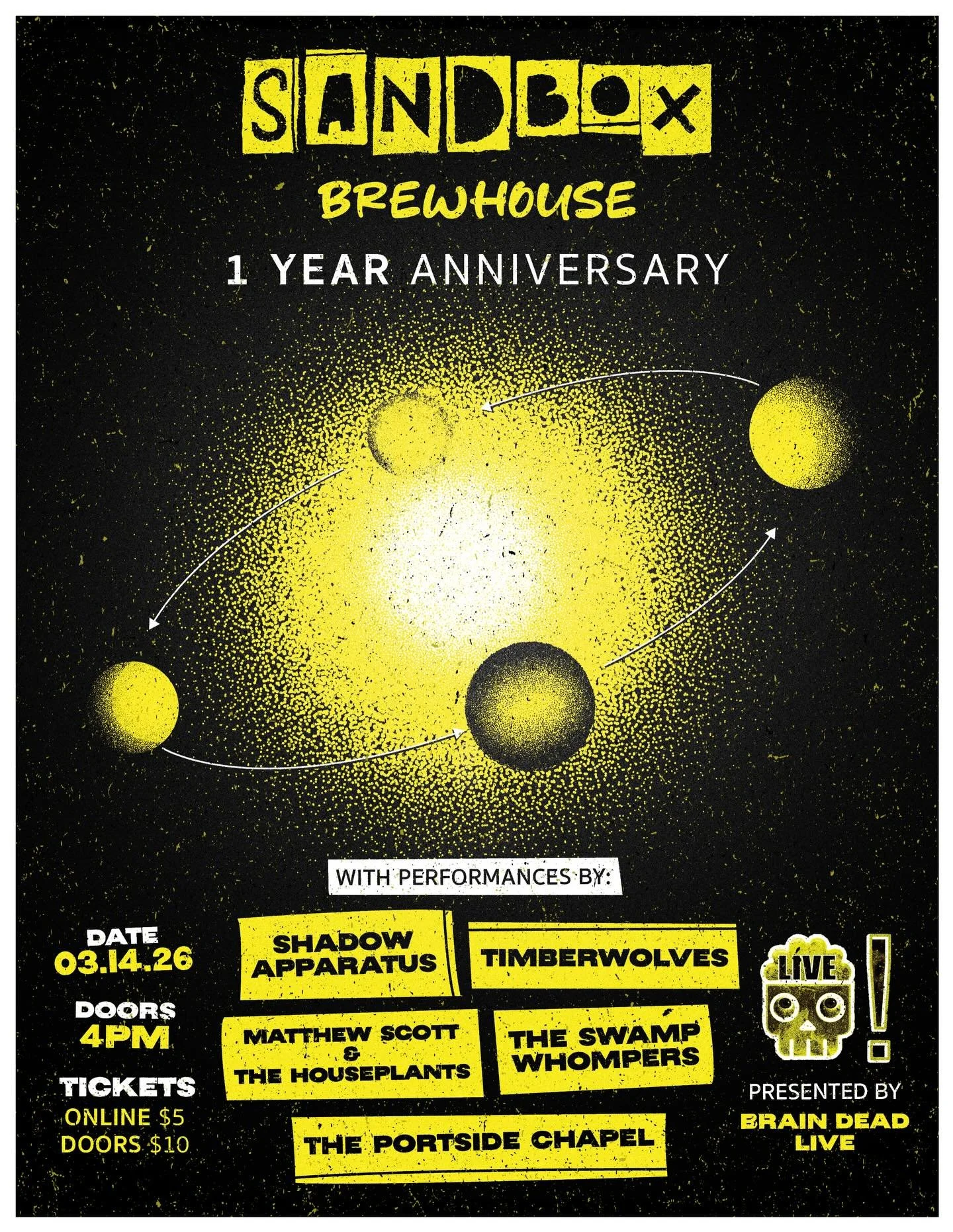 Sandbox is turning 1!!

You heard that right! On March 14th, we have officially been open for one year :) 

Celebrate our one year anniversary with us in the best way we know how - live music and beer! 

Experience an amazing line up of bands, both o