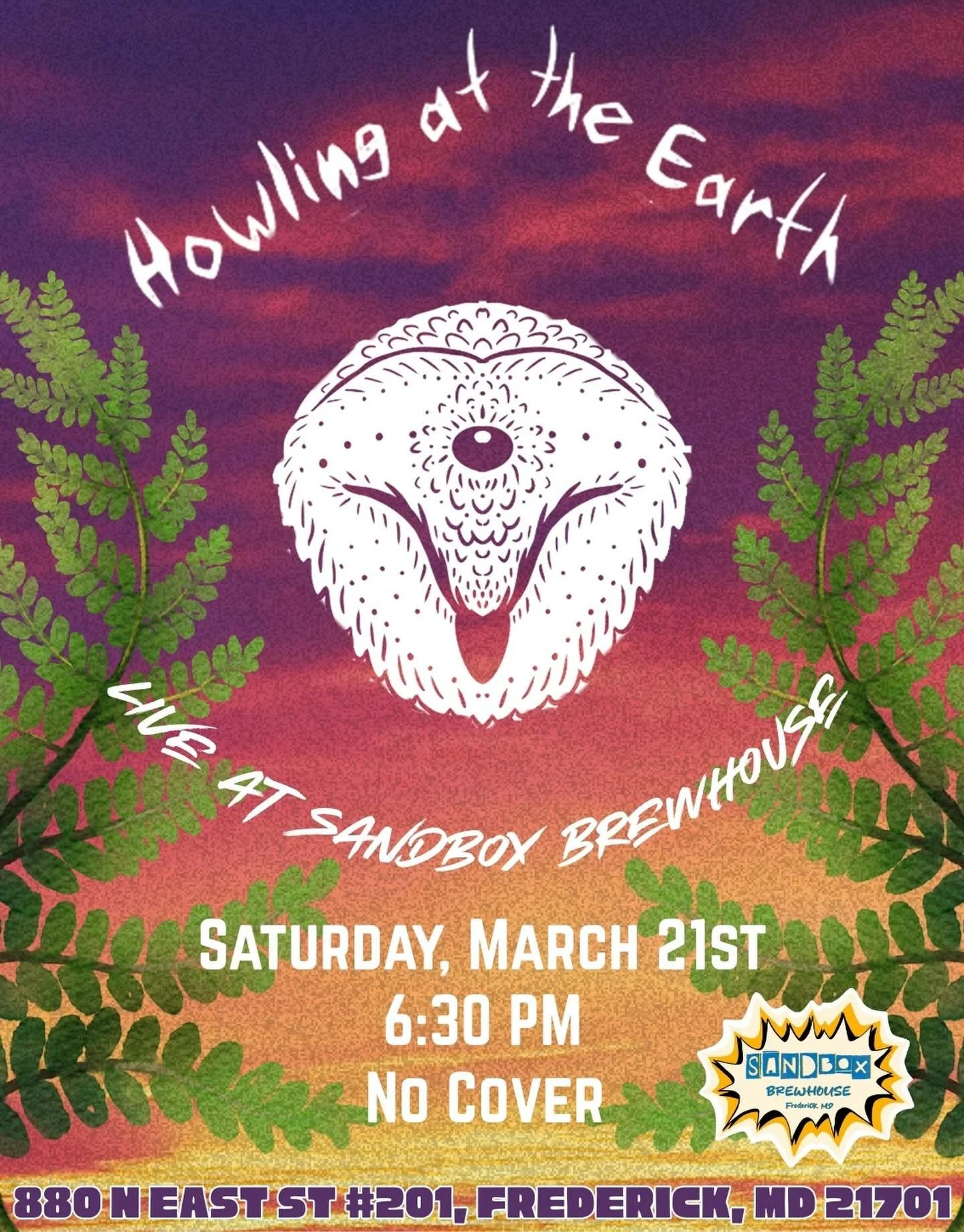 West Virginia&rsquo;s Howling at the Earth will be gracing our stage to bring you an evening of melodic, complex, and energetic original indie music. 

Enjoy incredible vocals and amazing instrumental work for your Saturday night plans.

Saturday, 3/
