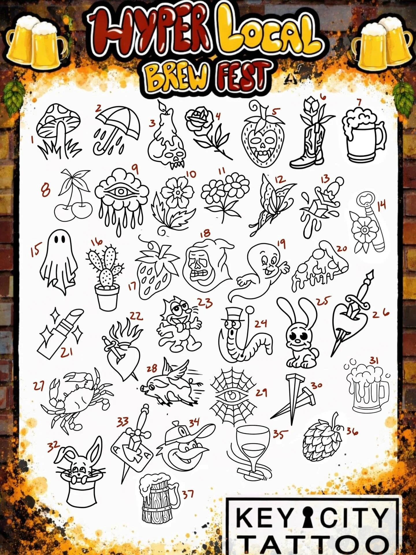 Flash sheets for Hyper Local Brew Fest! 

@keycitytattoo will be providing flash tattoos starting at 1 PM, Saturday, April 4th! 

First sheet: 
$120 color or black and gray - arms and legs only 

Second sheet:
$60 for one or $100 for two, OUTLINES ON