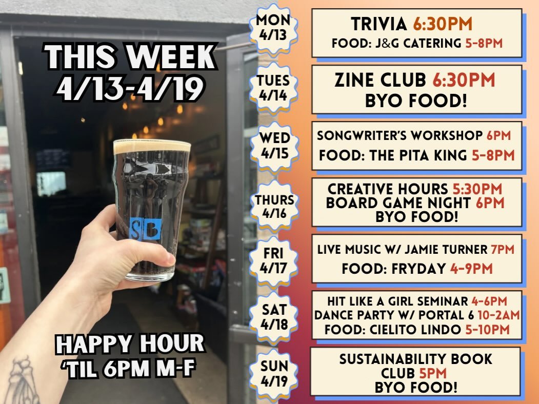 This week at Sandbox! 

Monday 4/13:
Trivia signups at 6:30 PM 
@food_truck_j_g will be serving out back 5-8 PM 

Tuesday 4/14:
Zine Club w/ @samforfrederick 6:30 PM 
BYO Food! 

Wednesday 4/15:
Songwriters Workshop w/ @brain.dead.live @theportsidech