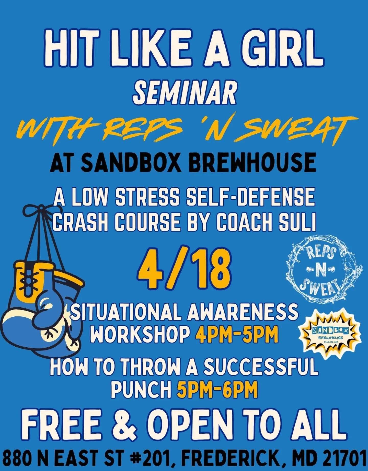 Welcome to Hit Like a Girl: a self defense crash course presented by Fredrick&rsquo;s own Reps &lsquo;n Sweat gym.

Join us for this incredible opportunity to gain self-defense tips and skills from martial arts and fitness instructor, Coach Suli.

Th