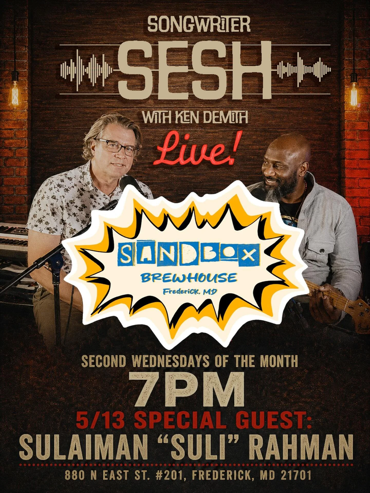 Local musician and podcaster Ken Demith is bringing his Songwriter Sesh podcast to our stage for a LIVE monthly performance featuring a different special guest for each installment!

Join us on the second Wednesday of the month to listen to two incre