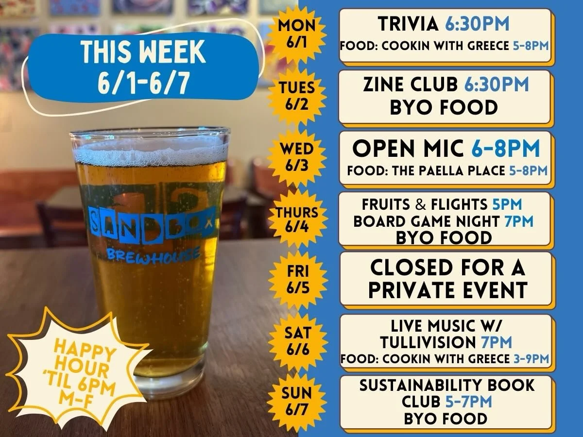 This week at Sandbox! 

Monday 6/1:
Trivia signups start at 6:30 PM 
@cookinwithgreece serving out back 5-8 PM 

Tuesday 6/2:
Zine Club w/ @samforfrederick 6 PM 
BYO Food!

Wednesday 6/3:
Open Mic Night w/ FAME 6 PM 
@thepaellaplace serving out back 