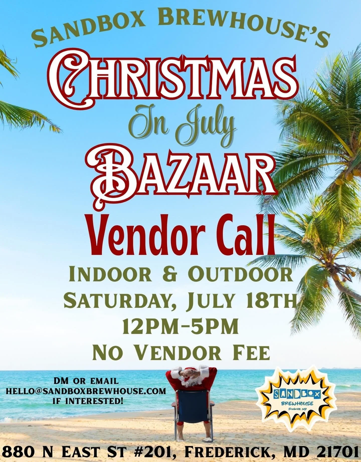 Who would&rsquo;ve thought Christmas in July 💭

Well the Sandbox is excited to announce that we are celebrating Christmas in July with palm trees and Santa! 

OPEN VENDOR CALL - This is the official OPEN CALL FOR VENDORS!! There are limited vendor s