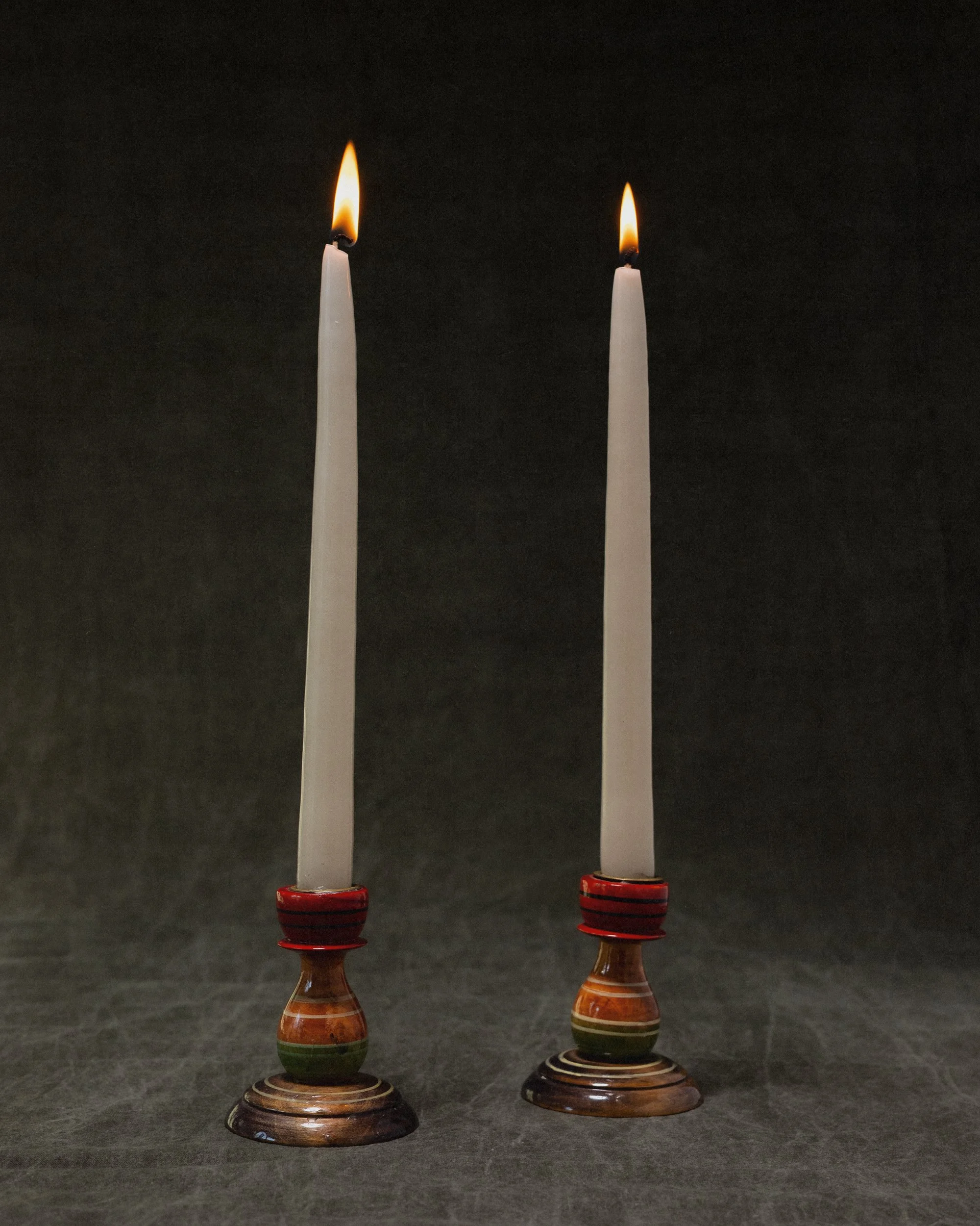 Folk Art Wood Candlesticks, Pair