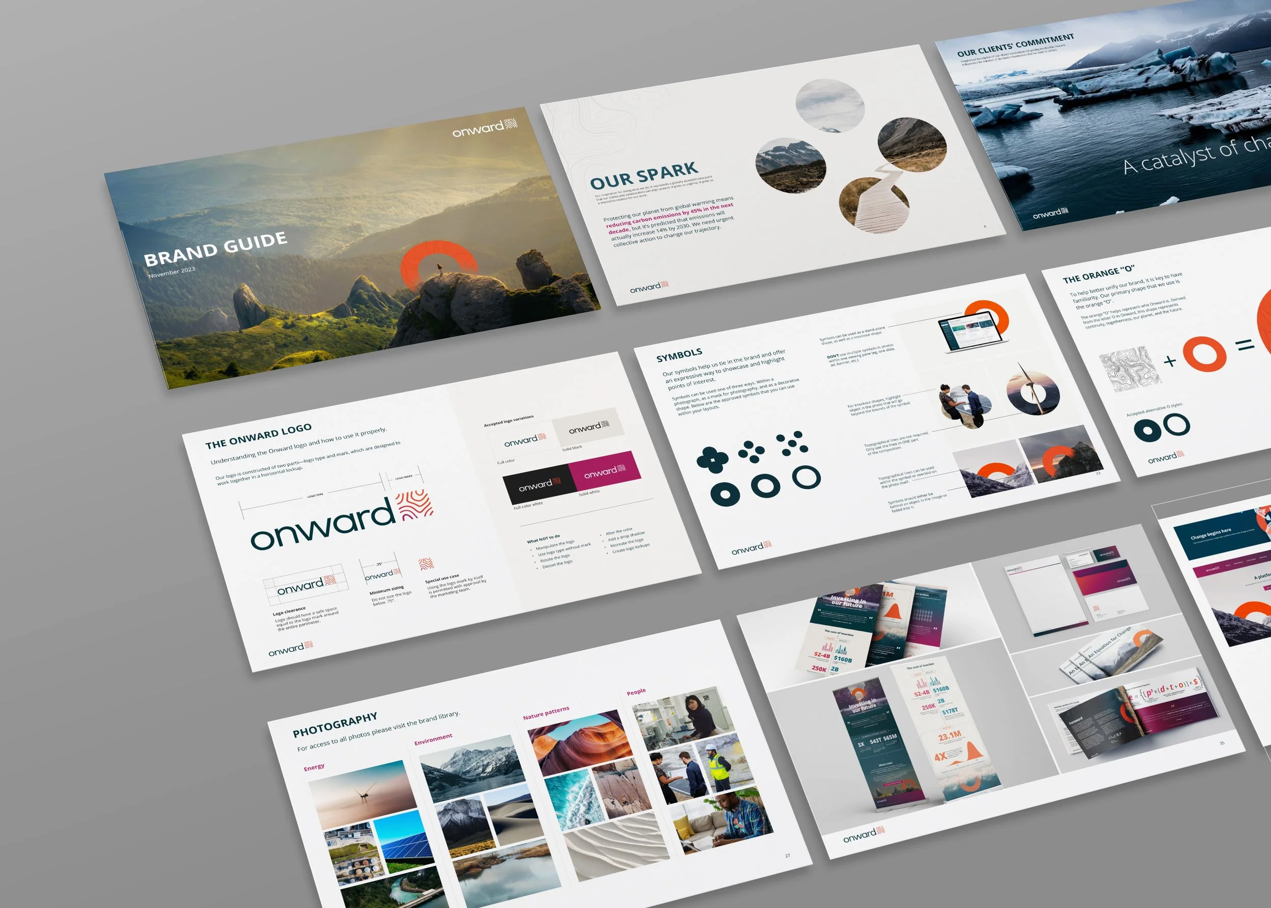Preview of several pages from the Onward brand guide
