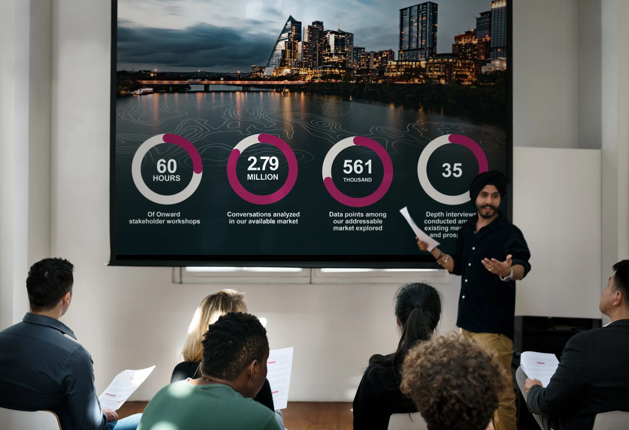 Preview image of a man presenting the Onward brand launch deck to his colleagues