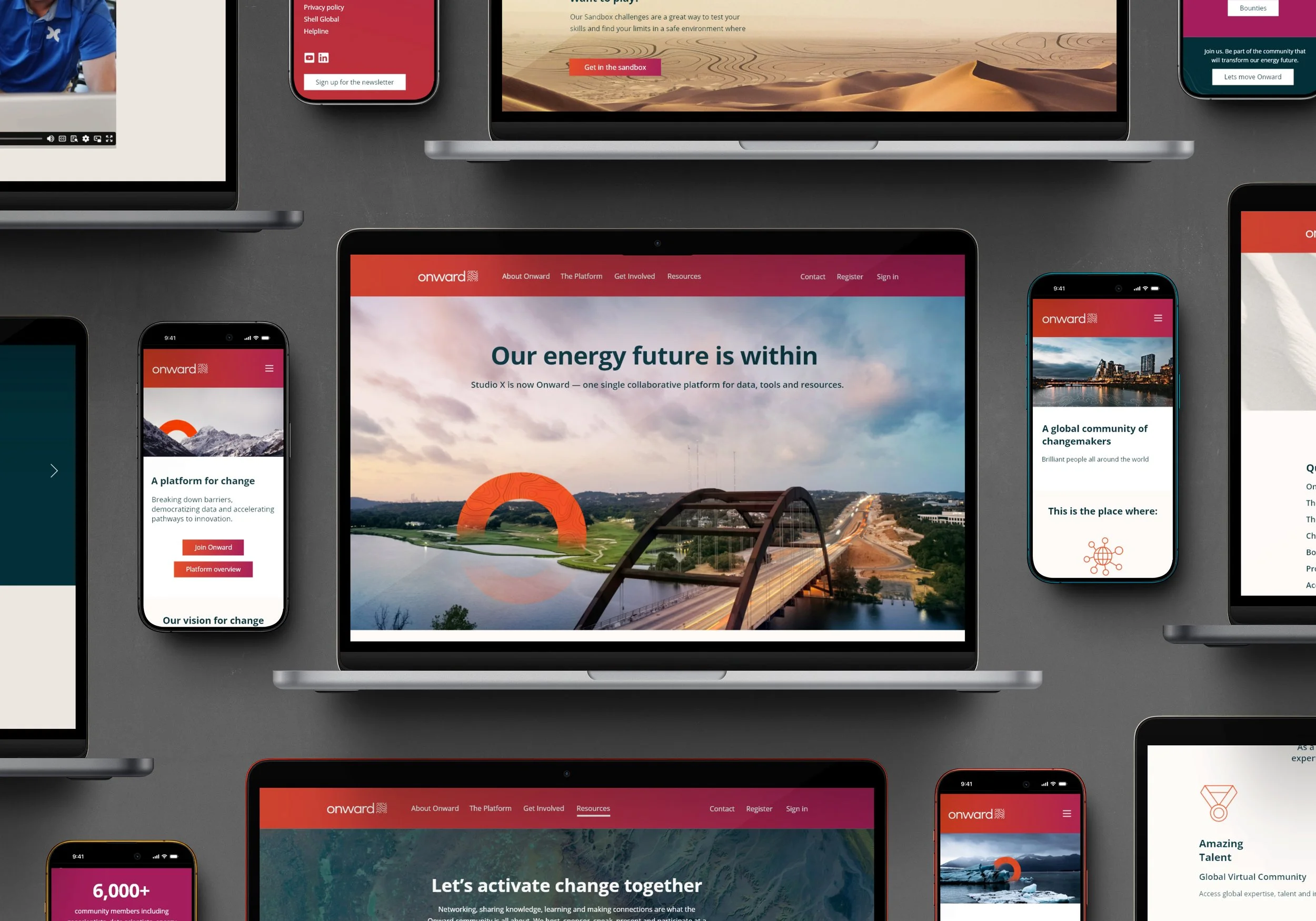 A mixture of mockups showing how the Onward website appears on desktop and mobile