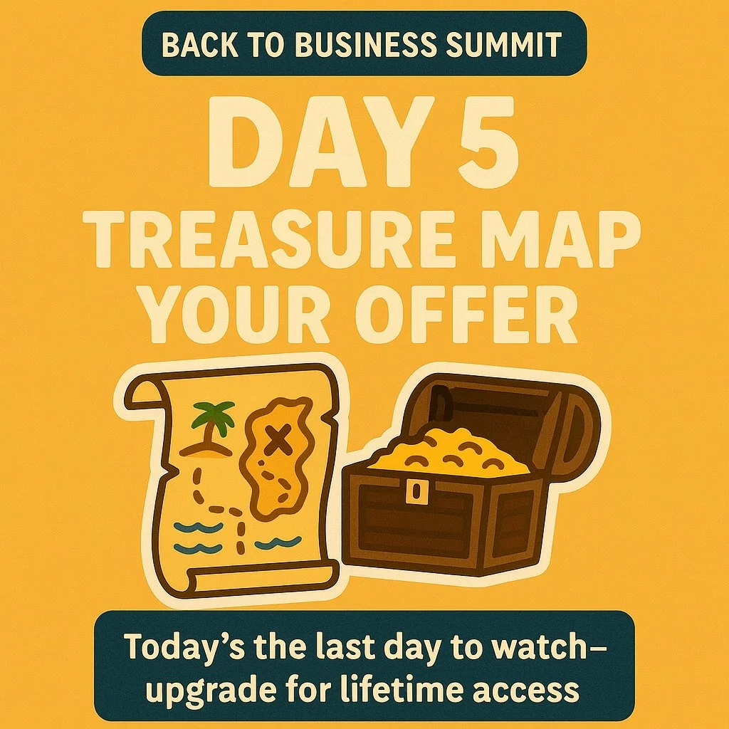 ⚓ FINAL DAY ⚓

Theme: Treasure Map Your Offer

9 speakers showing you how to:
✨ Price + position your offers with confidence
✨ Fix the hidden reasons offers don&rsquo;t sell
✨ Turn freebies, books + low-ticket buyers into profit
✨ Create offers clien