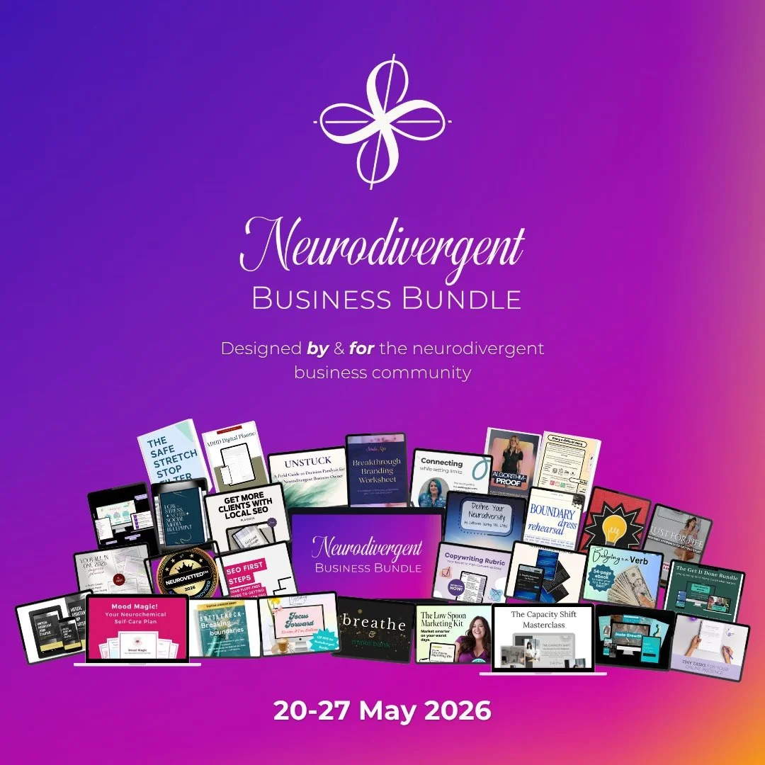 Most business advice was not built for brains like ours.

It assumes linear focus, predictable energy, and a tidy schedule where the dopamine just shows up on cue.

Cool. Mine doesn't.

That's why I'm part of the Neurodivergent Business Bundle this y