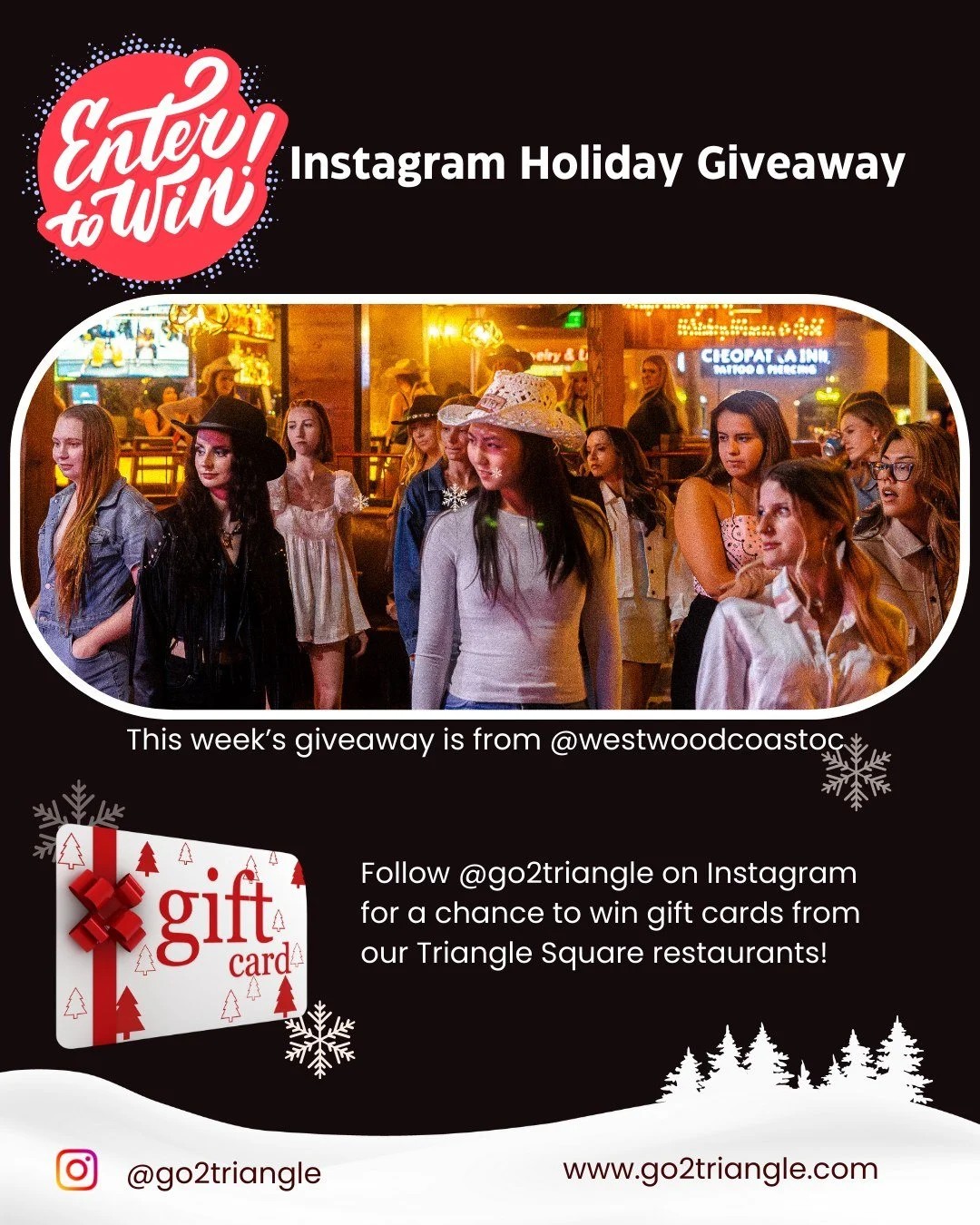 It's week 3 of our 🎁 HOLIDAY GIVEAWAY! 🎄 This FRIDAY we are giving away a gift card from @westwoodcoastoc 🍹🎉elevated dining experience with lively country entertainment. 

✨ Here&rsquo;s how to enter:
1️⃣ Like this post ❤️
2️⃣ Let us know in the 