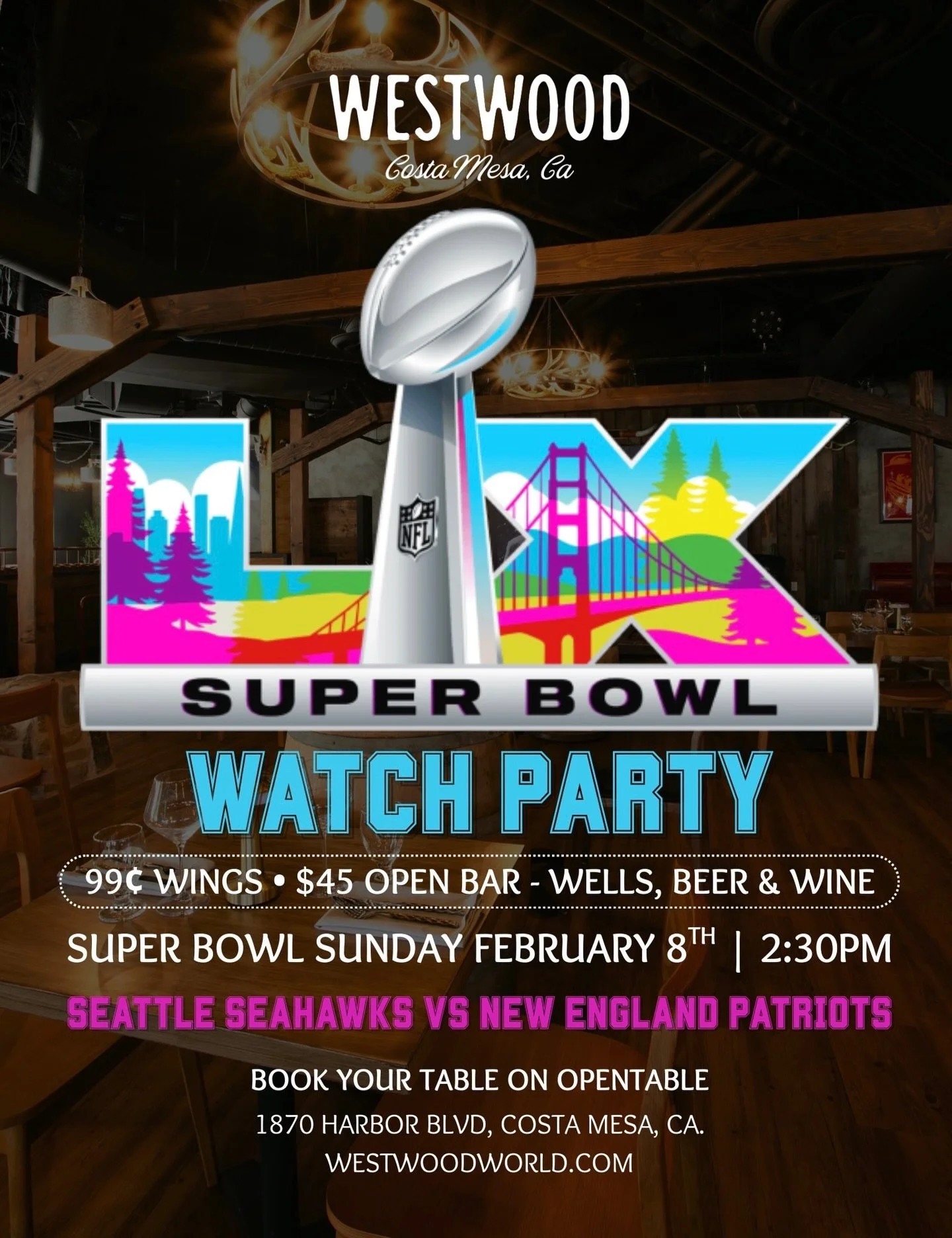 Repost from @westwoodcoastoc
&bull;
🏈 Super Bowl Sunday at Westwood Coast 🏈
99&cent; wings. $45 open bar (until end of game). Big screens. Bigger energy.
Doors open at 2:30pm. Kickoff ready!
🍻🔥

📲 Reservations available on @opentable | Walk-ins 