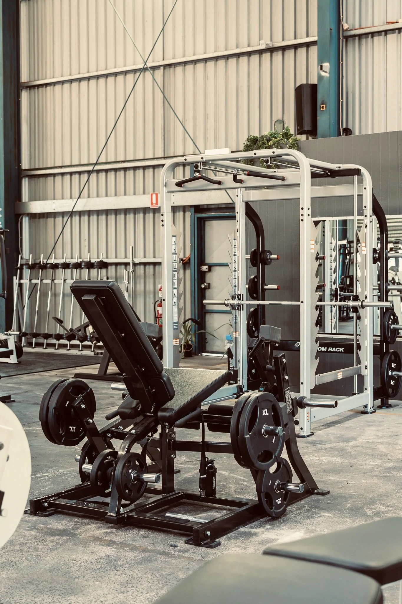 Gym with various workout equipment including a squat rack, a leg press machine, dumbbells, and weight plates, with metal walls and a potted plant in the background.
